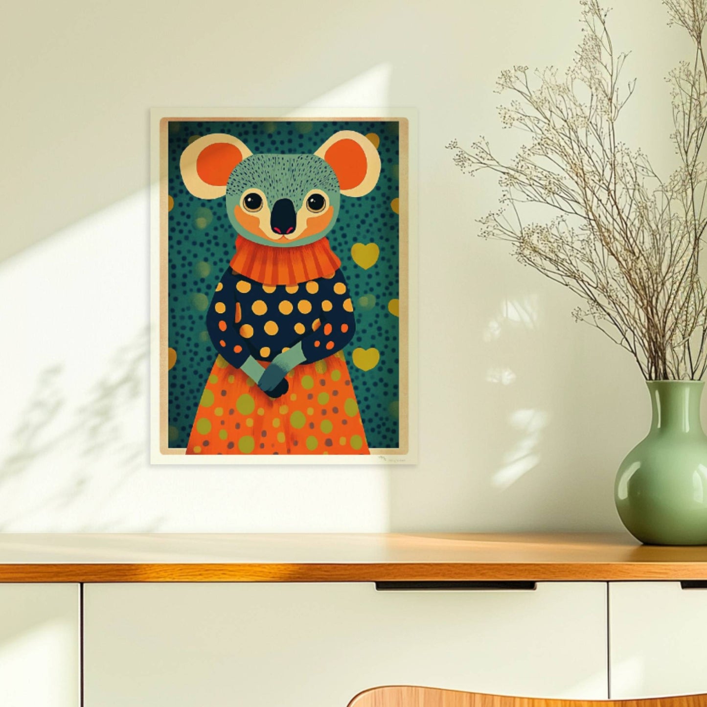 Niedlicher Koala im gepunkteten Kleid mit Herzen im Hintergrund, moderne und farbenfrohe Tierillustration.. Ohne Rahmen 30x40