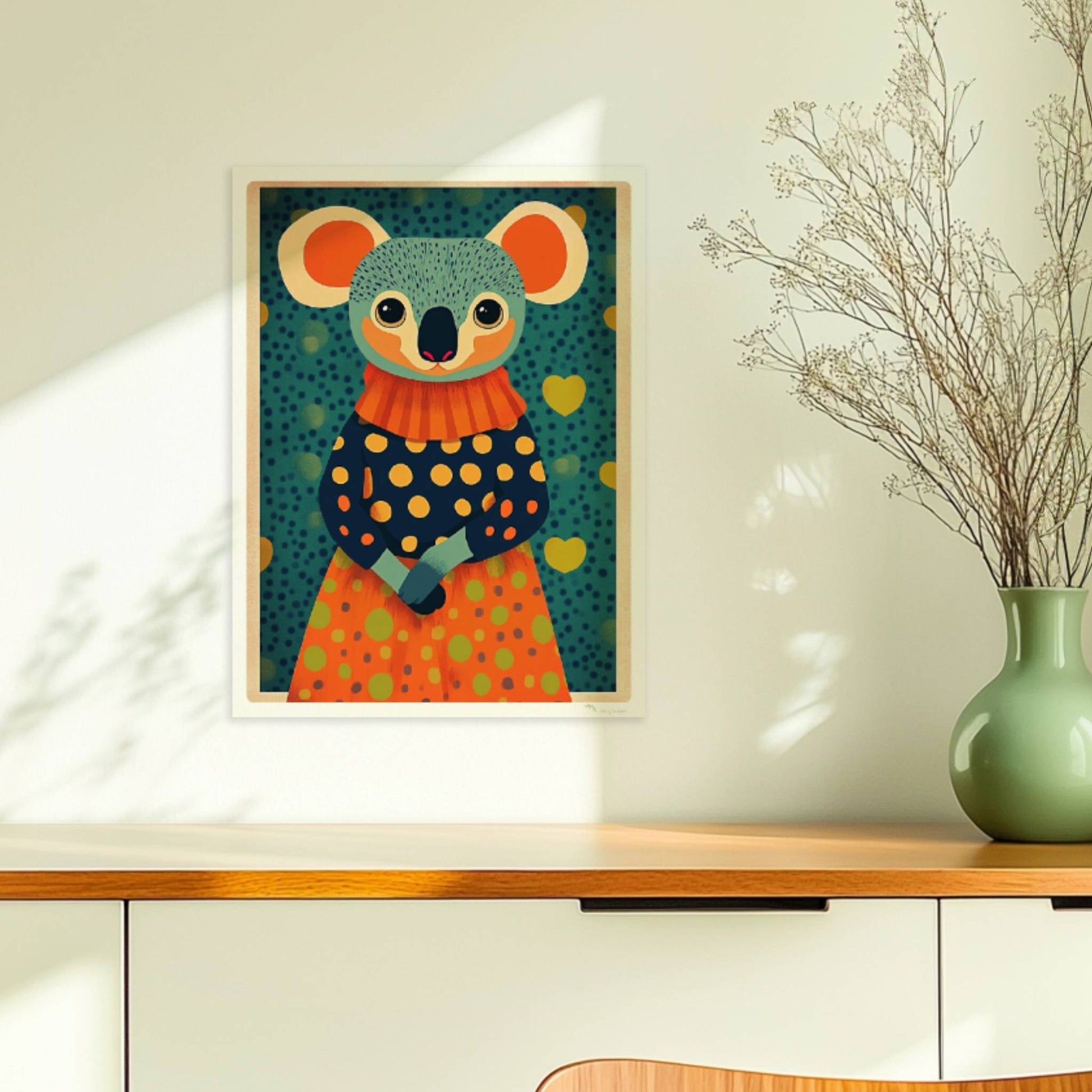 Niedlicher Koala im gepunkteten Kleid mit Herzen im Hintergrund, moderne und farbenfrohe Tierillustration.. Ohne Rahmen 30x40