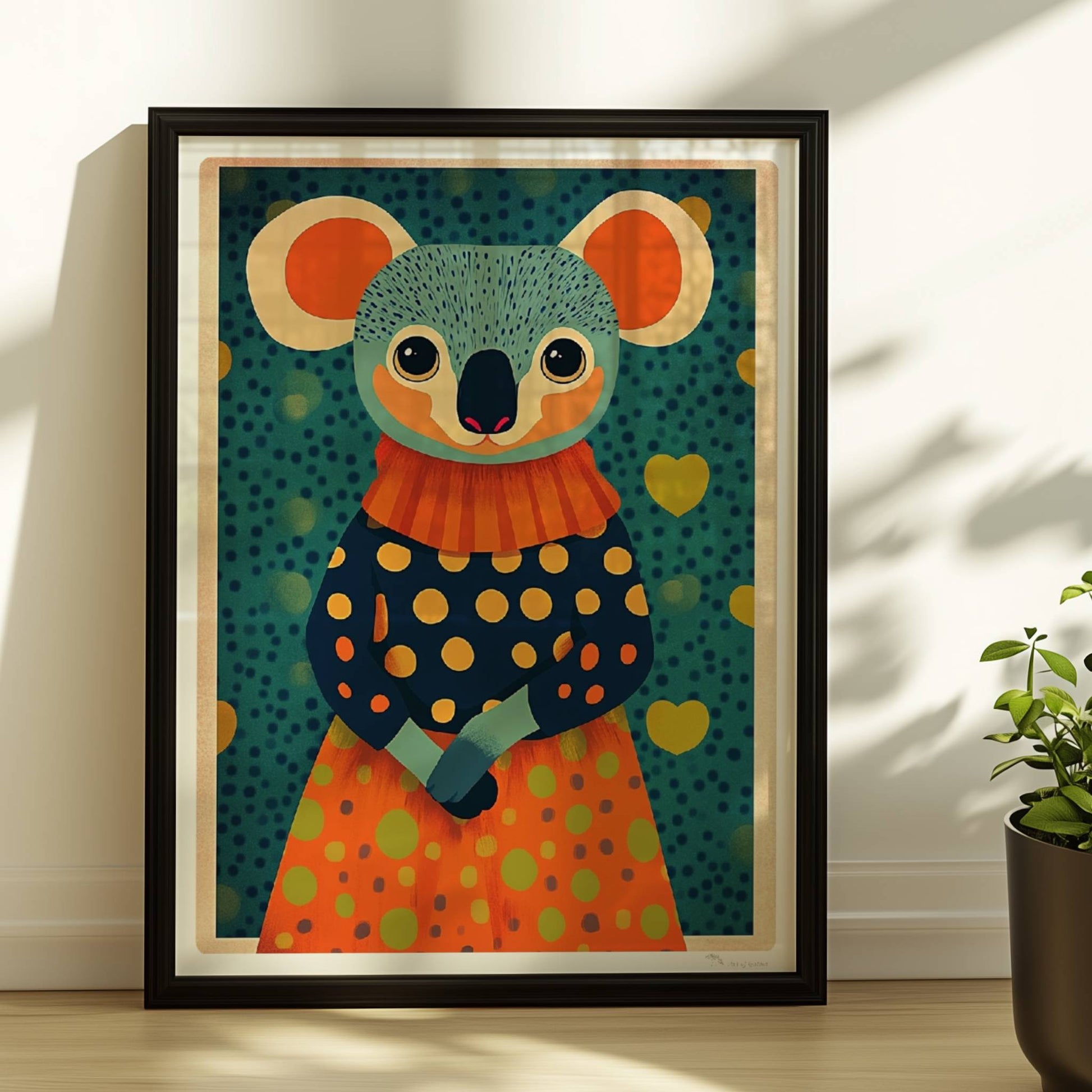 Niedlicher Koala im gepunkteten Kleid mit Herzen im Hintergrund, moderne und farbenfrohe Tierillustration.. Rahmen schwarz 30x40