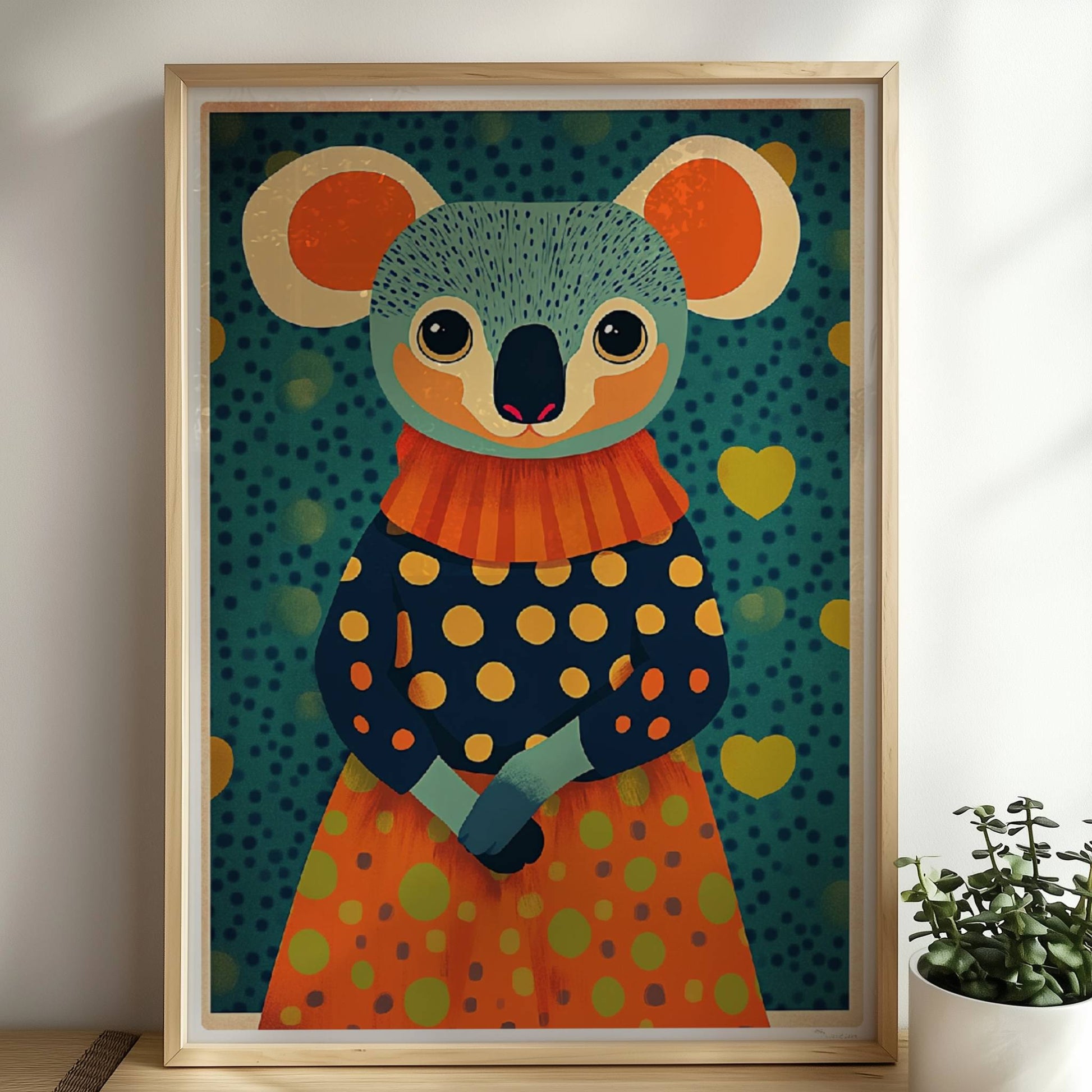 Niedlicher Koala im gepunkteten Kleid mit Herzen im Hintergrund, moderne und farbenfrohe Tierillustration.. Rahmen natur 50x70