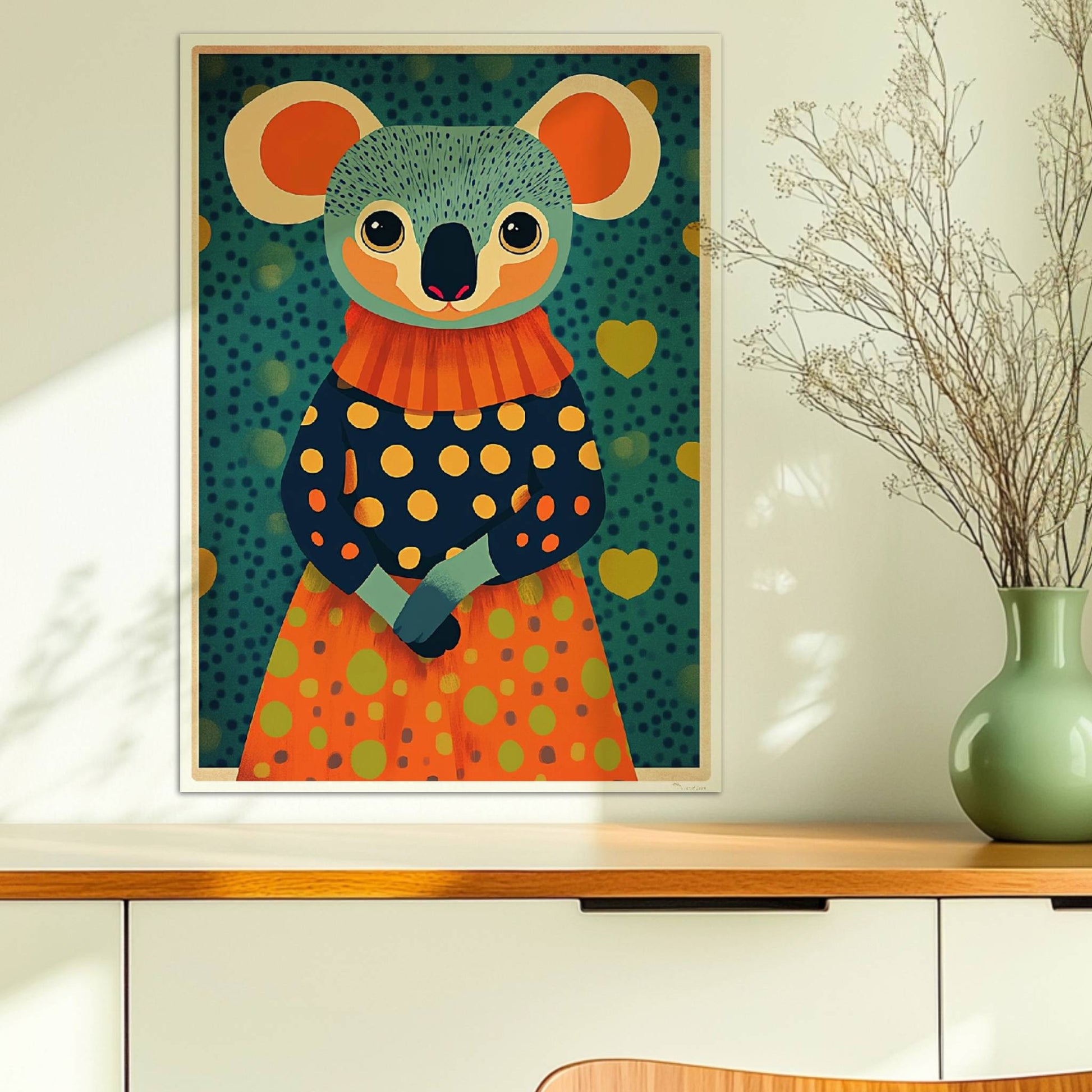 Niedlicher Koala im gepunkteten Kleid mit Herzen im Hintergrund, moderne und farbenfrohe Tierillustration.. Ohne Rahmen 50x70