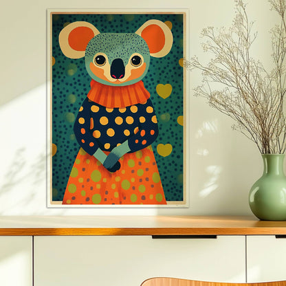 Niedlicher Koala im gepunkteten Kleid mit Herzen im Hintergrund, moderne und farbenfrohe Tierillustration.. Ohne Rahmen 50x70