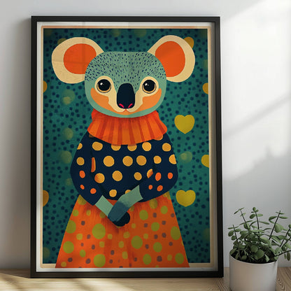 Niedlicher Koala im gepunkteten Kleid mit Herzen im Hintergrund, moderne und farbenfrohe Tierillustration.. Rahmen schwarz 50x70