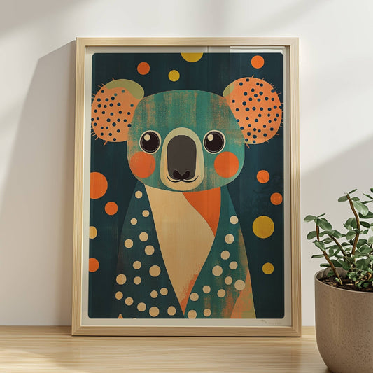 Bunter Koala mit fröhlichen Punkten und verspieltem Design, moderne Tierillustration für Kinderzimmer und Wanddekoration.. Rahmen natur 30x40