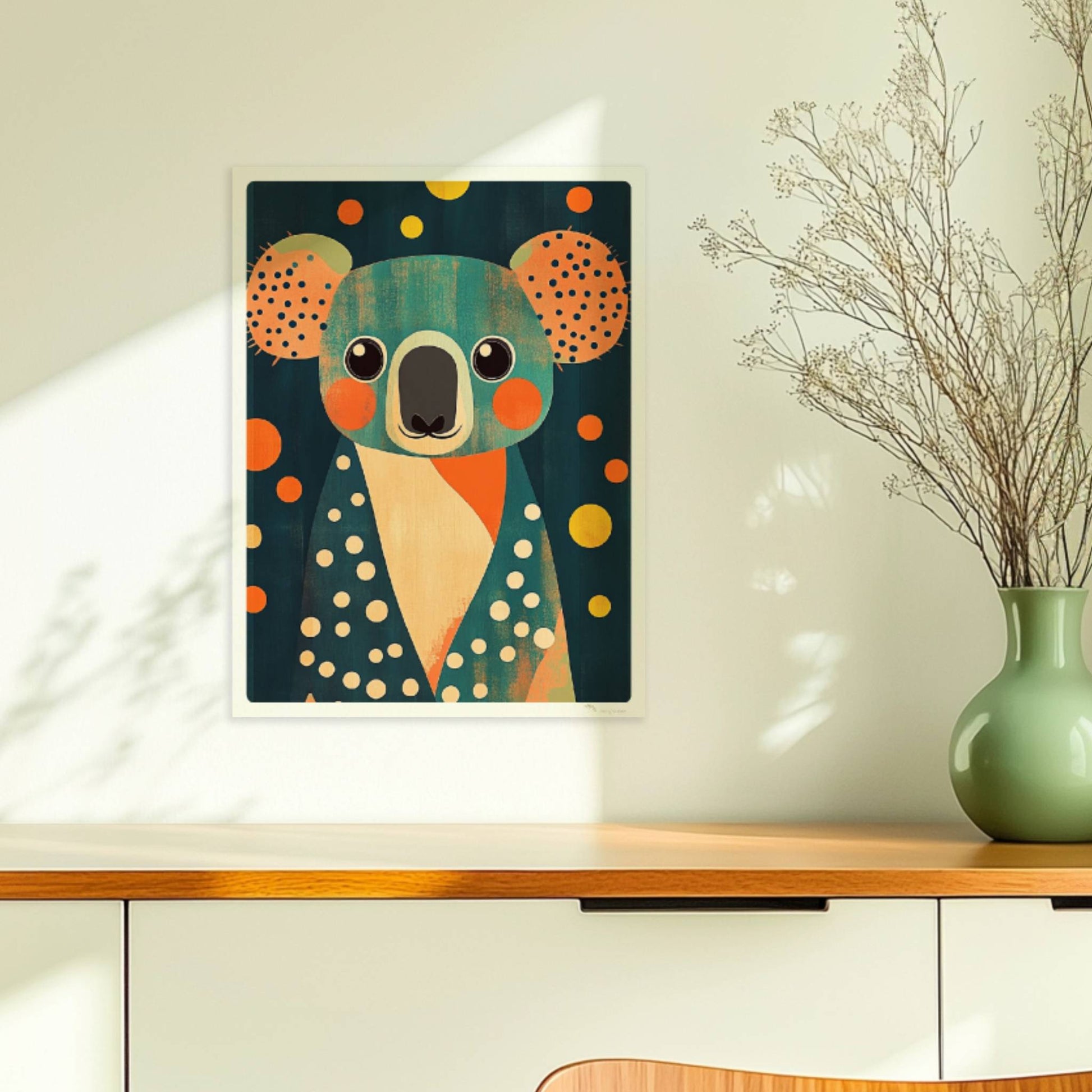 Bunter Koala mit fröhlichen Punkten und verspieltem Design, moderne Tierillustration für Kinderzimmer und Wanddekoration.. Ohne Rahmen 30x40