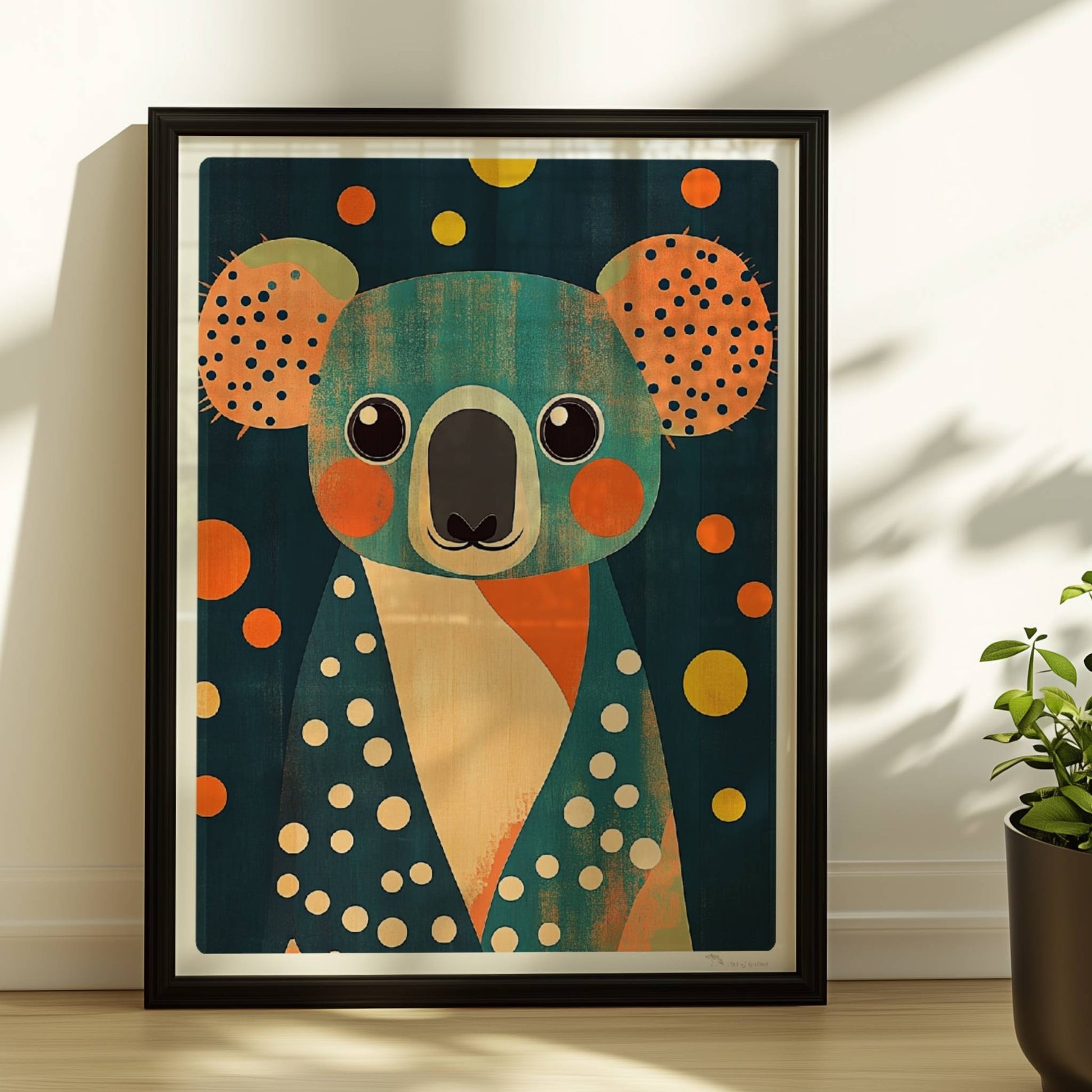 Bunter Koala mit fröhlichen Punkten und verspieltem Design, moderne Tierillustration für Kinderzimmer und Wanddekoration.. Rahmen schwarz 30x40