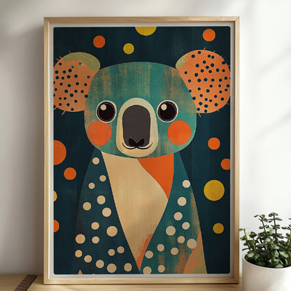 Bunter Koala mit fröhlichen Punkten und verspieltem Design, moderne Tierillustration für Kinderzimmer und Wanddekoration.. Rahmen natur 50x70