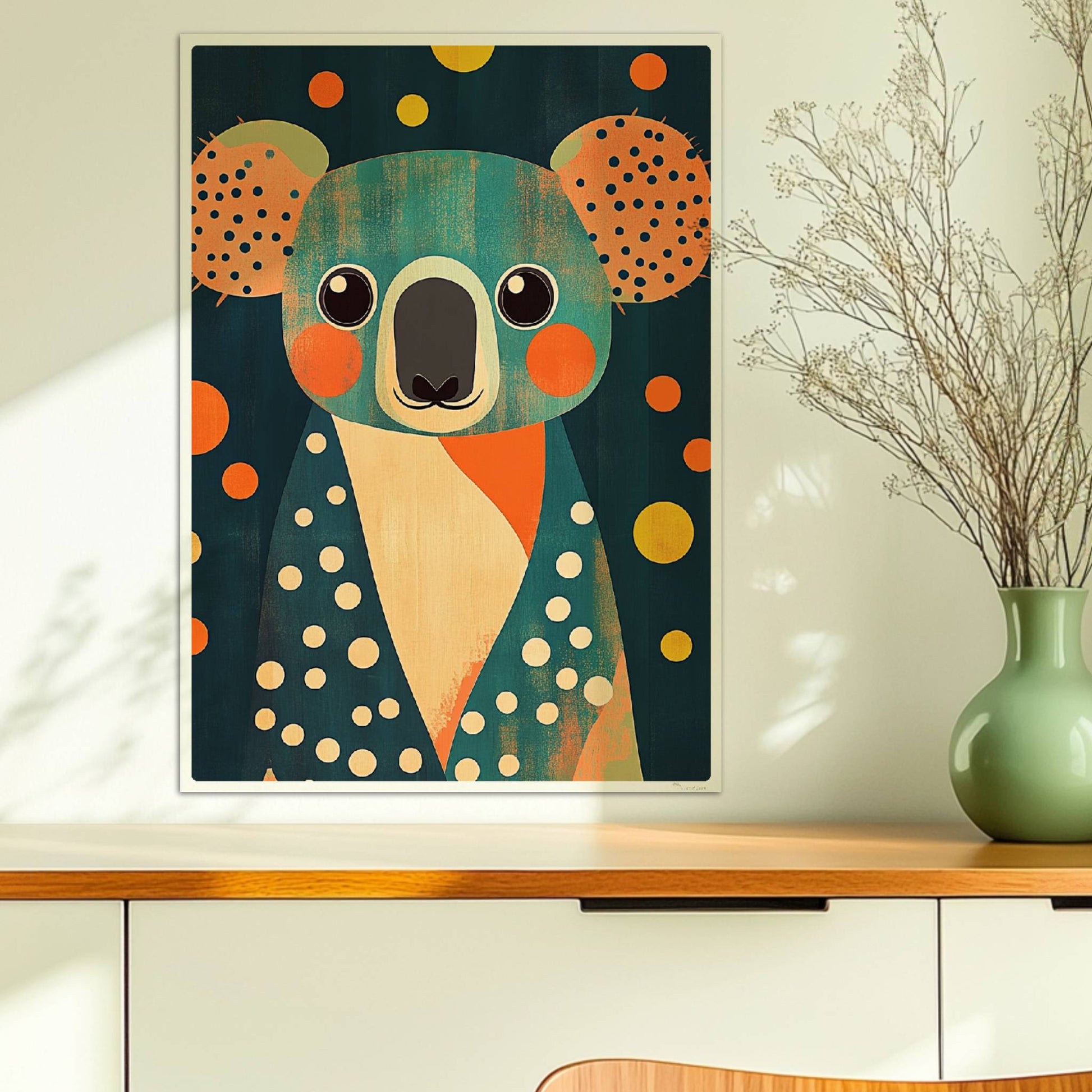 Bunter Koala mit fröhlichen Punkten und verspieltem Design, moderne Tierillustration für Kinderzimmer und Wanddekoration.. Ohne Rahmen 50x70
