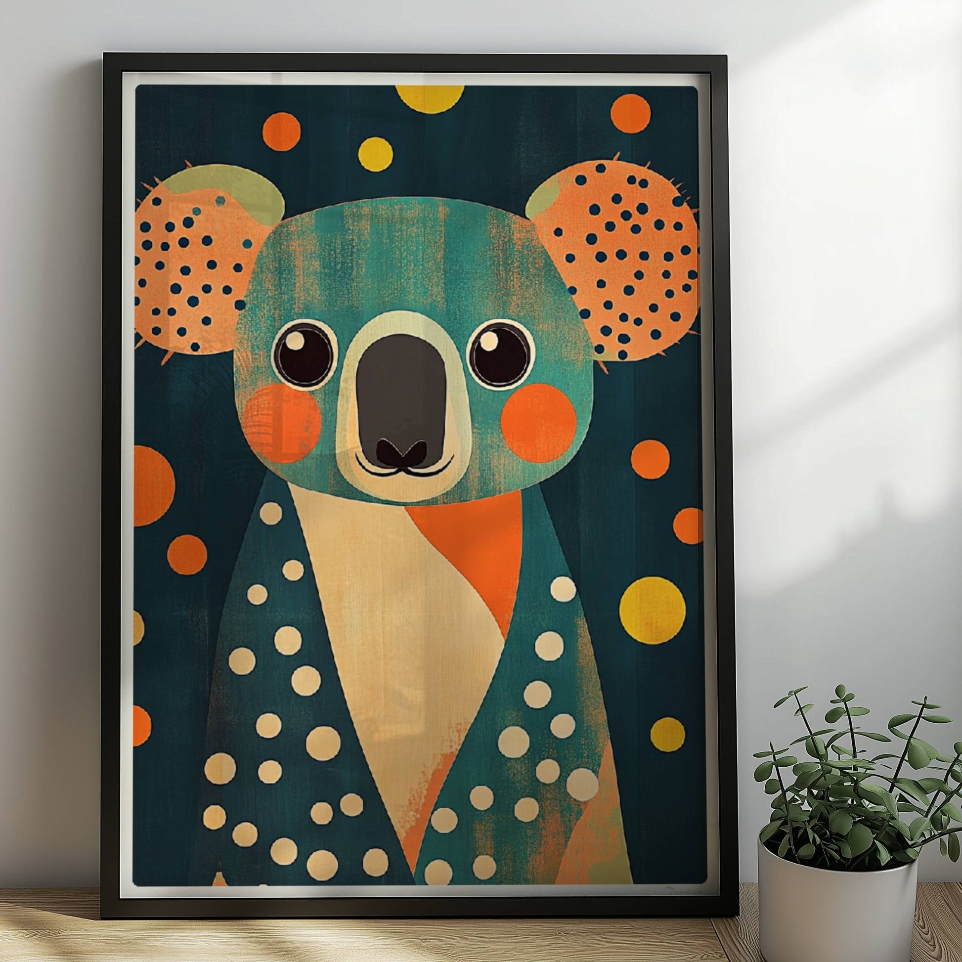 Bunter Koala mit fröhlichen Punkten und verspieltem Design, moderne Tierillustration für Kinderzimmer und Wanddekoration.. Rahmen schwarz 50x70