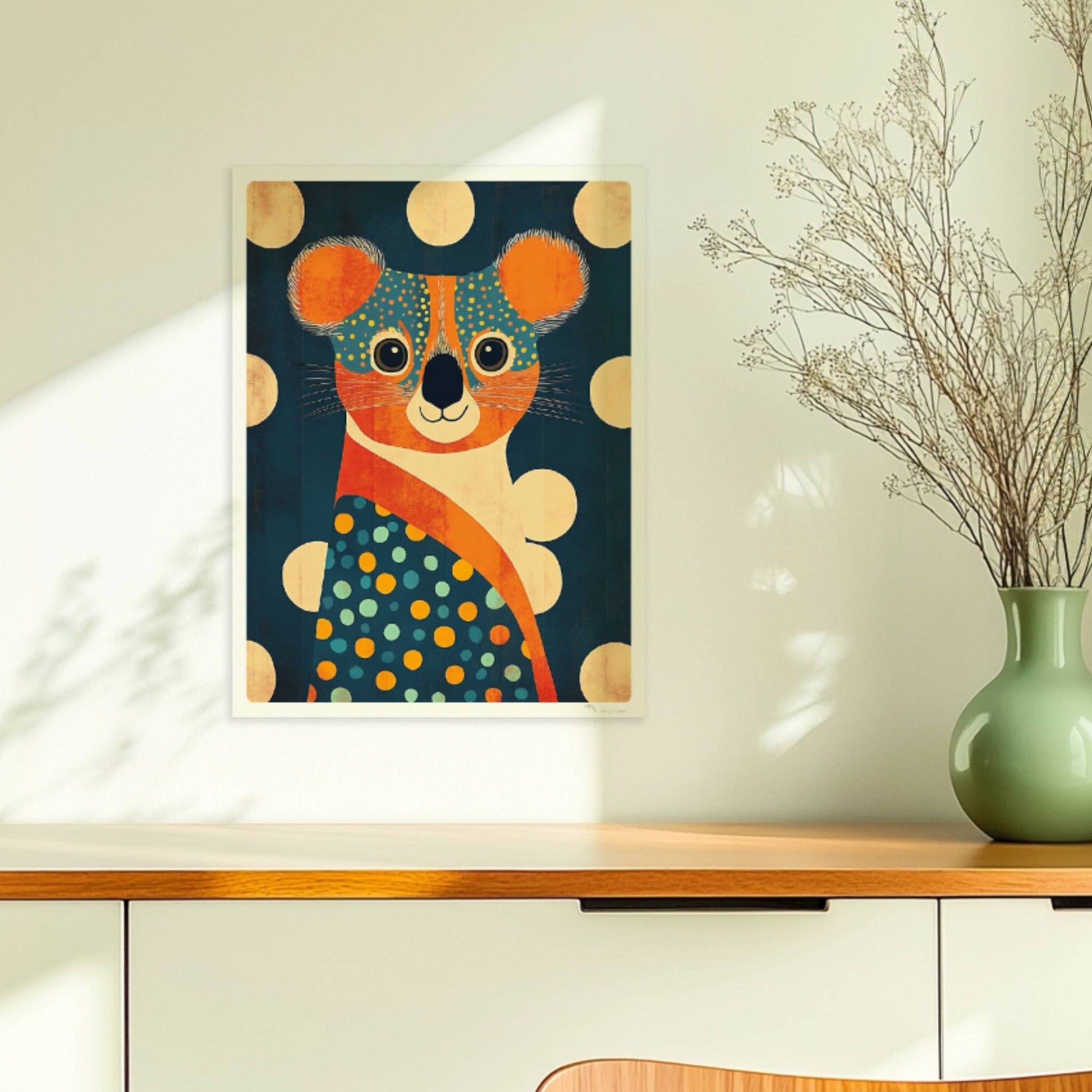 Farbenfroher Koala mit großen Punkten und verspieltem, modernem Design – perfekte Wanddeko fürs Kinderzimmer.. Ohne Rahmen 30x40