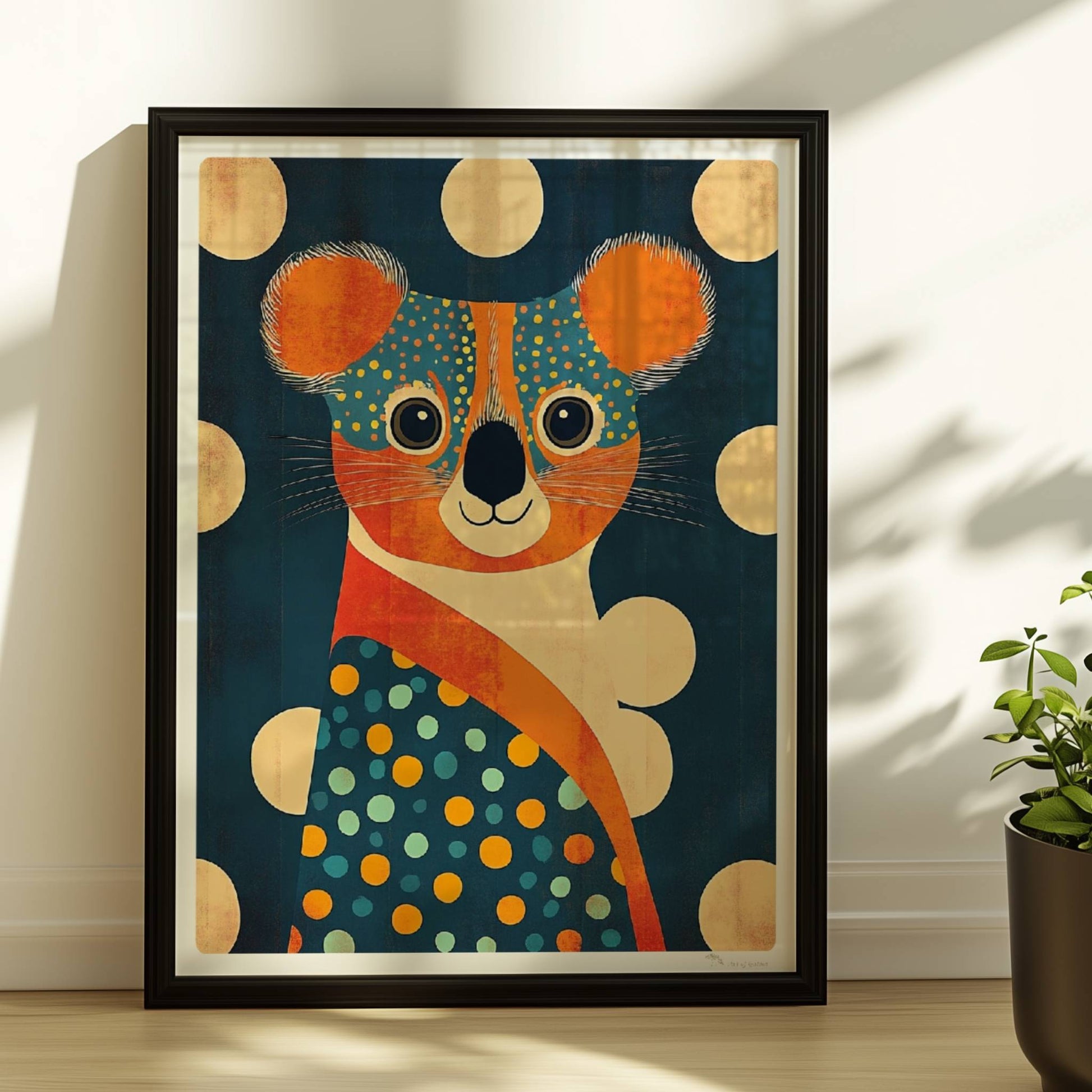 Farbenfroher Koala mit großen Punkten und verspieltem, modernem Design – perfekte Wanddeko fürs Kinderzimmer.. Rahmen schwarz 30x40