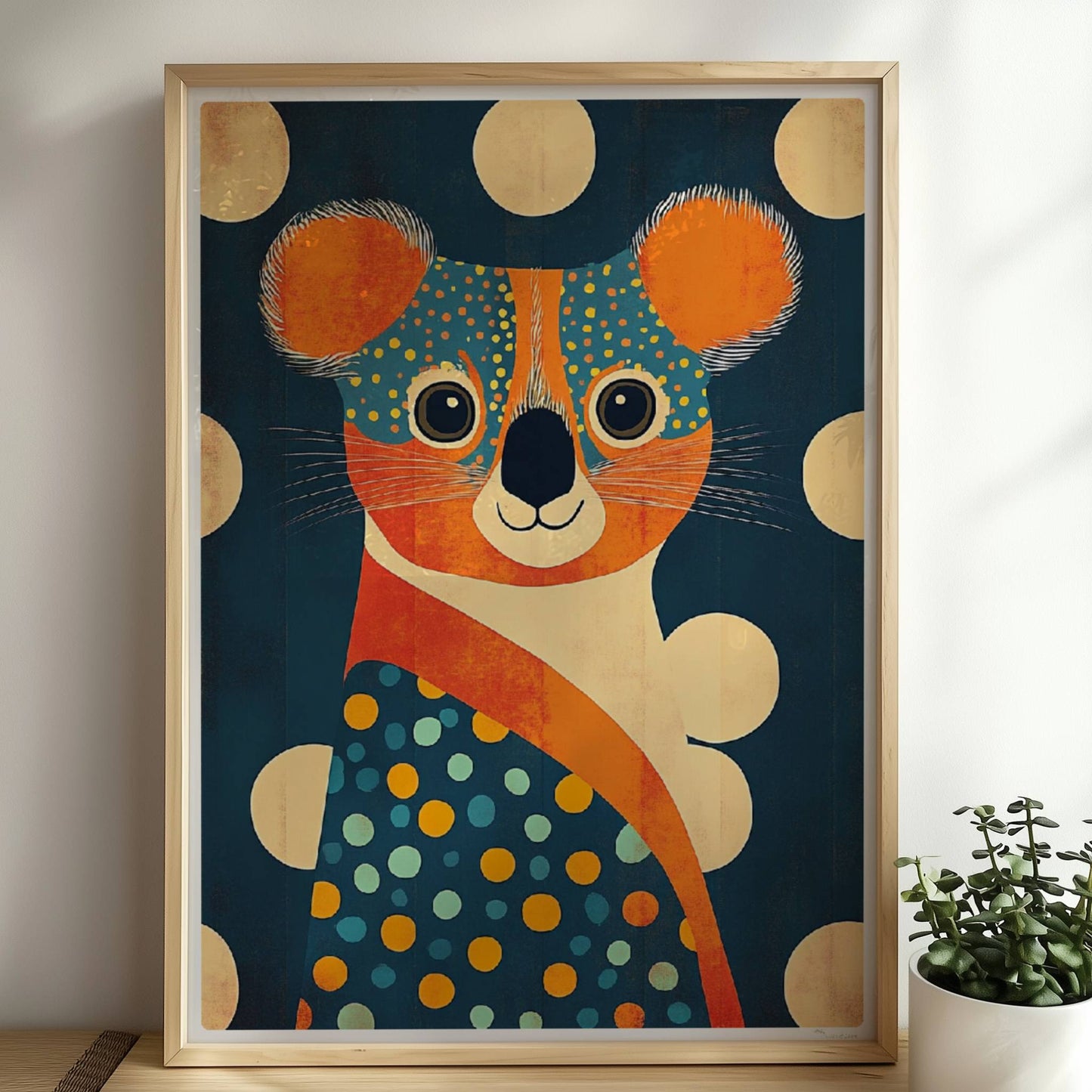 Farbenfroher Koala mit großen Punkten und verspieltem, modernem Design – perfekte Wanddeko fürs Kinderzimmer.. Rahmen natur 50x70