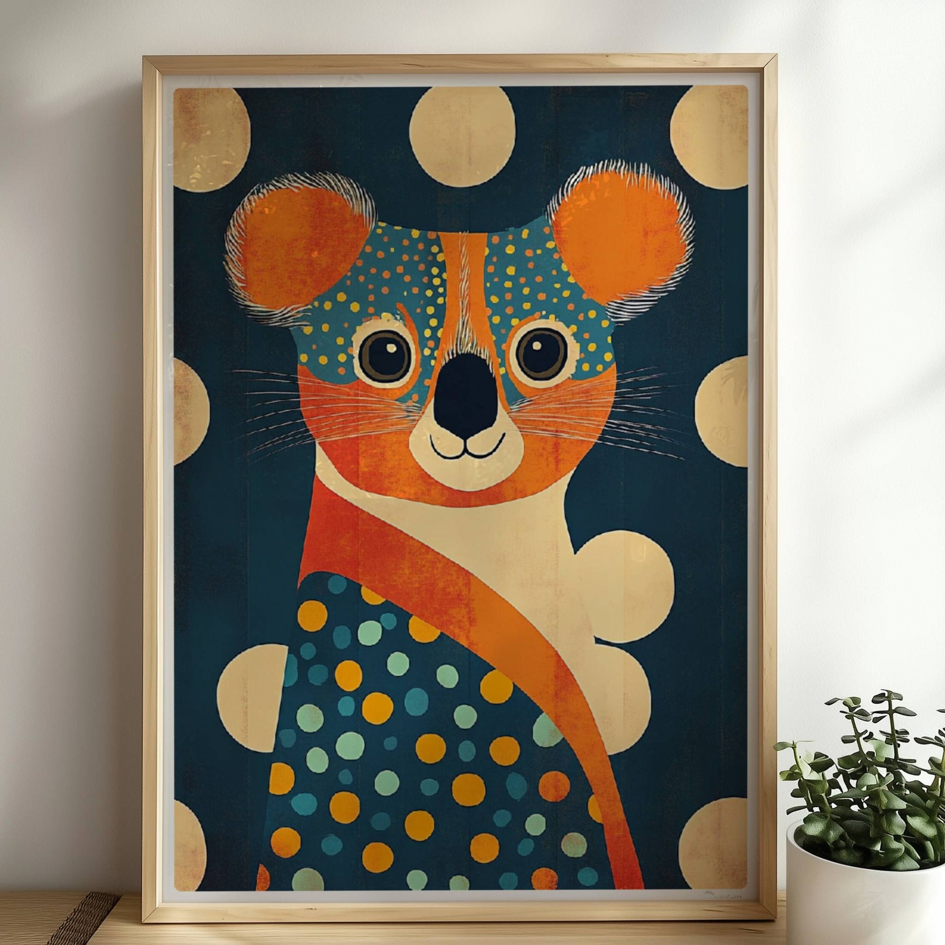 Farbenfroher Koala mit großen Punkten und verspieltem, modernem Design – perfekte Wanddeko fürs Kinderzimmer.. Rahmen natur 50x70