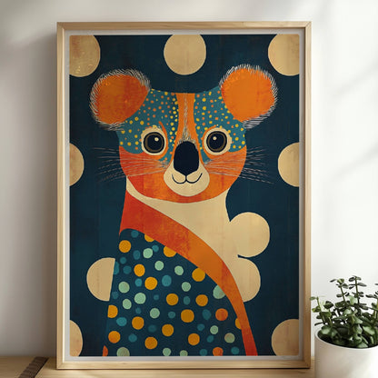 Farbenfroher Koala mit großen Punkten und verspieltem, modernem Design – perfekte Wanddeko fürs Kinderzimmer.. Rahmen natur 50x70