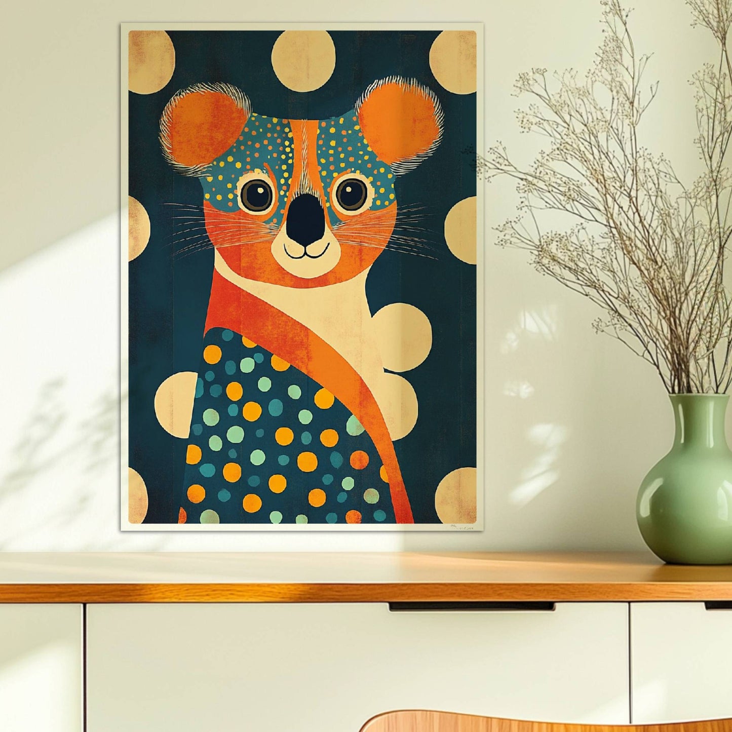 Farbenfroher Koala mit großen Punkten und verspieltem, modernem Design – perfekte Wanddeko fürs Kinderzimmer.. Ohne Rahmen 50x70