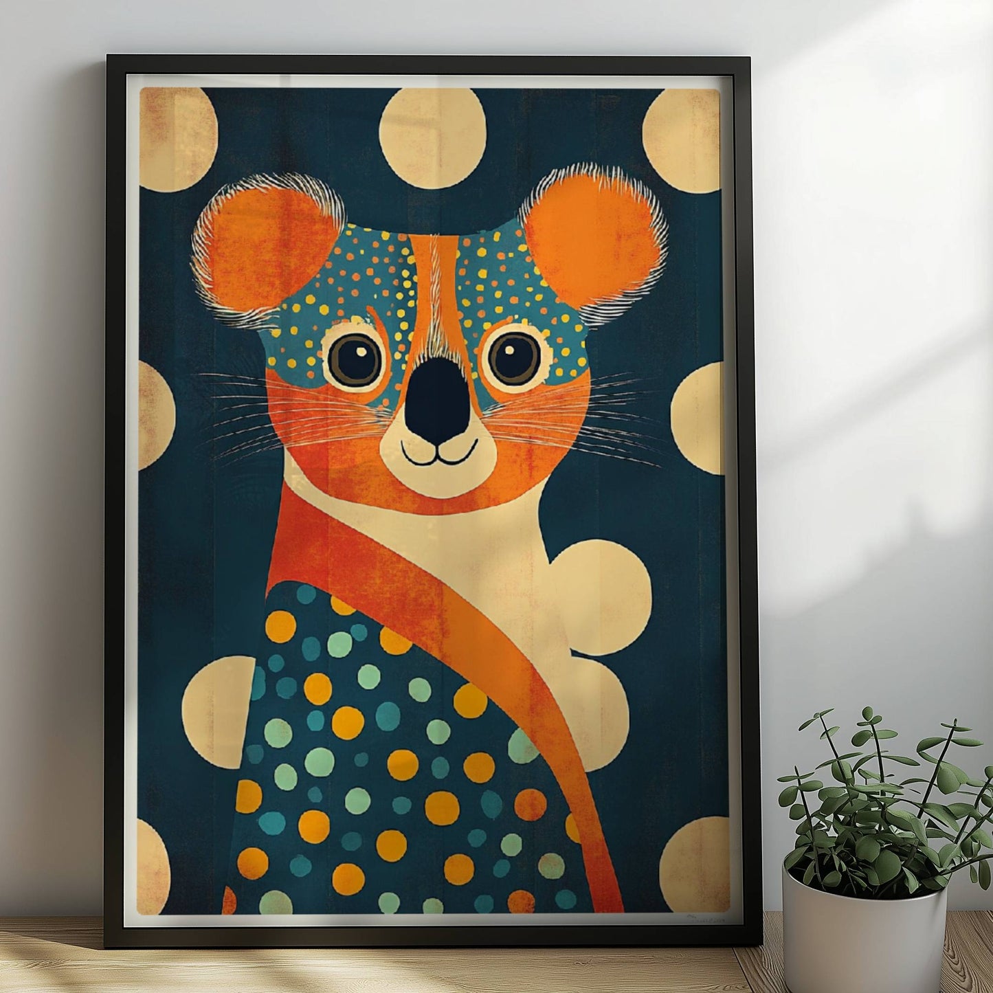 Farbenfroher Koala mit großen Punkten und verspieltem, modernem Design – perfekte Wanddeko fürs Kinderzimmer.. Rahmen schwarz 50x70