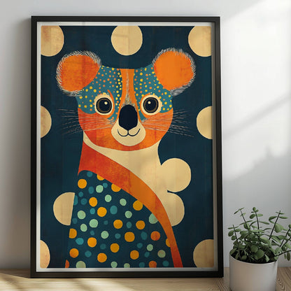 Farbenfroher Koala mit großen Punkten und verspieltem, modernem Design – perfekte Wanddeko fürs Kinderzimmer.. Rahmen schwarz 50x70