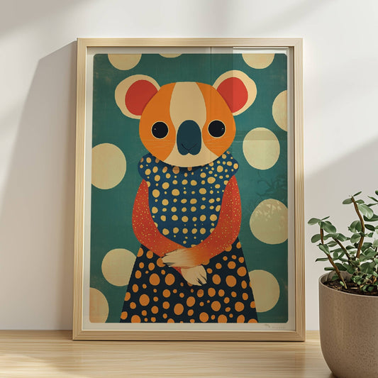 Eleganter Koala mit gepunktetem Kleid, verspieltes und modernes Tierportrait für Wanddekoration.. Rahmen natur 30x40