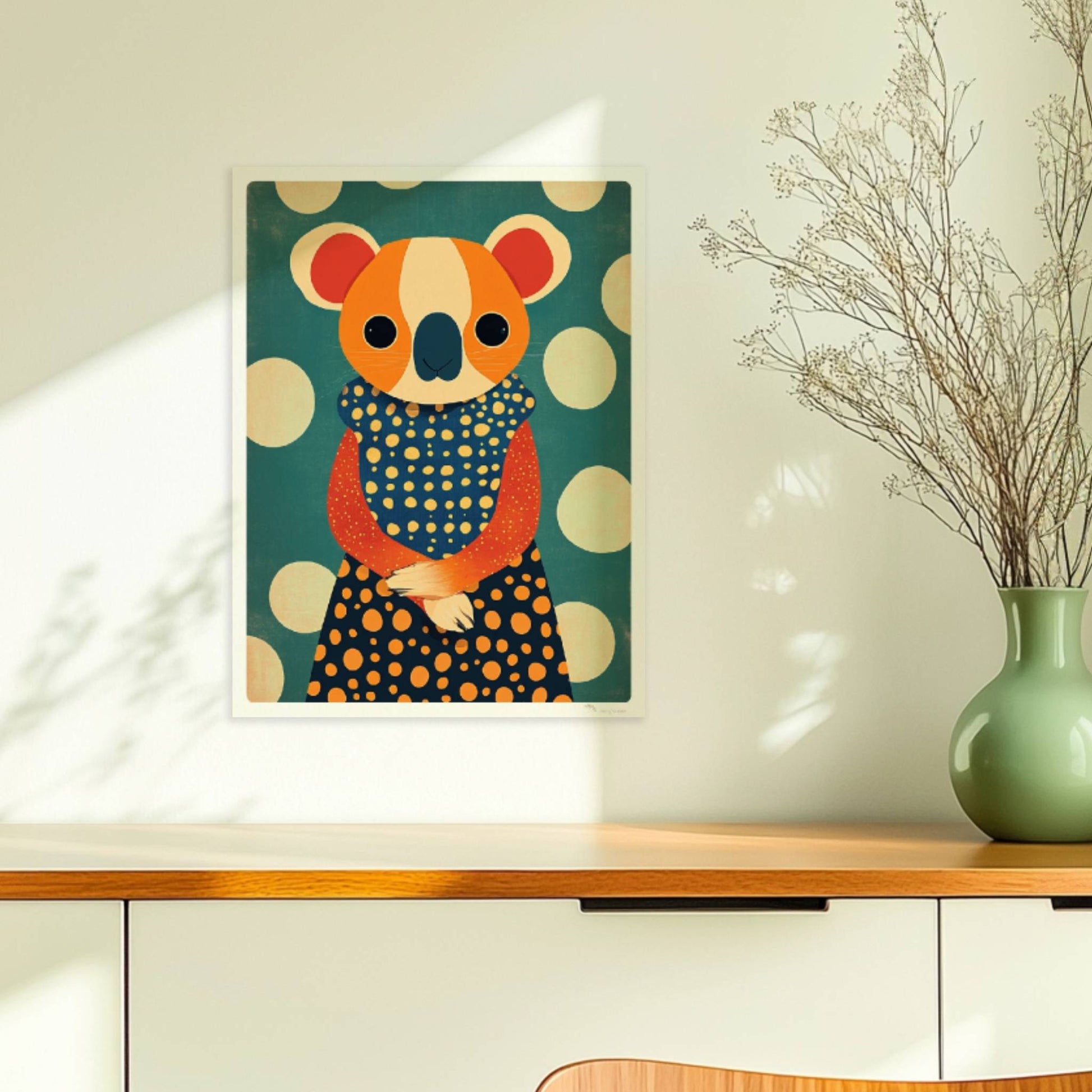 Eleganter Koala mit gepunktetem Kleid, verspieltes und modernes Tierportrait für Wanddekoration.. Ohne Rahmen 30x40