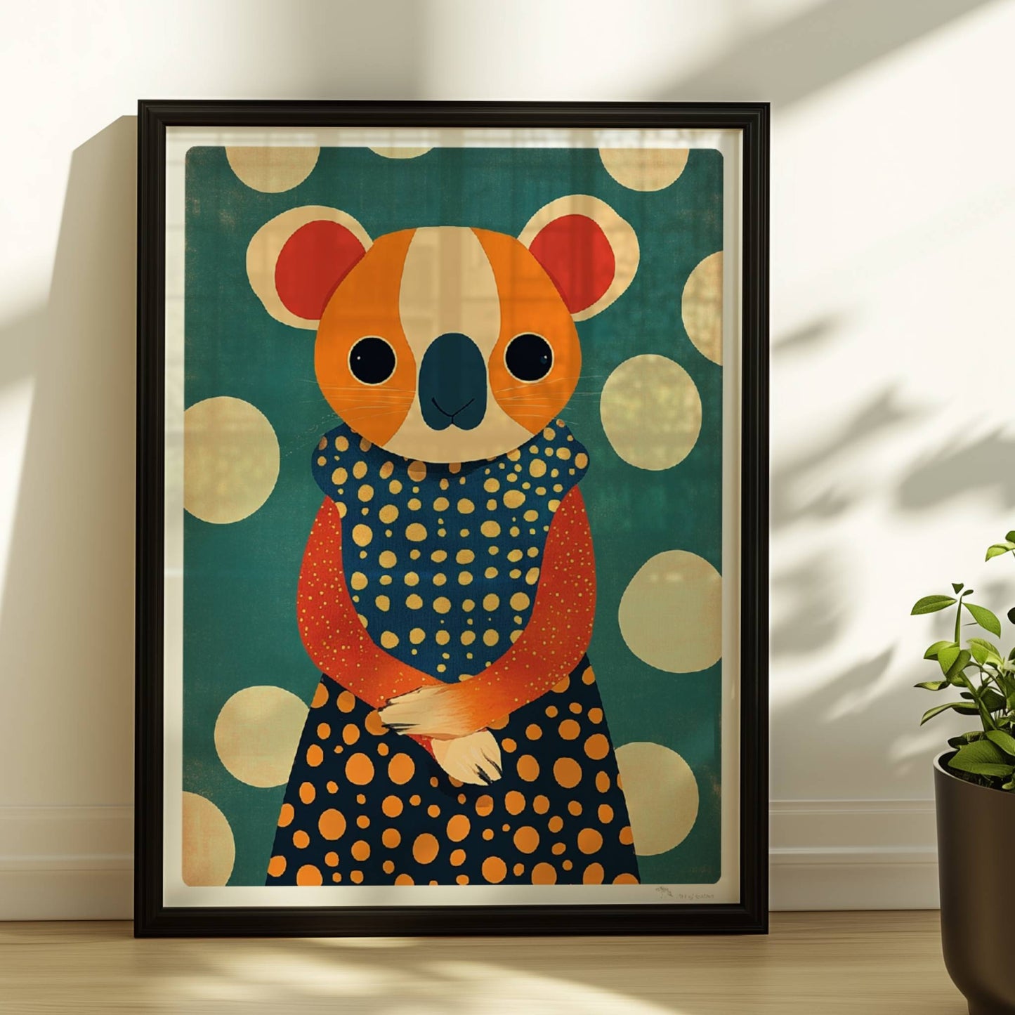 Eleganter Koala mit gepunktetem Kleid, verspieltes und modernes Tierportrait für Wanddekoration.. Rahmen schwarz 30x40