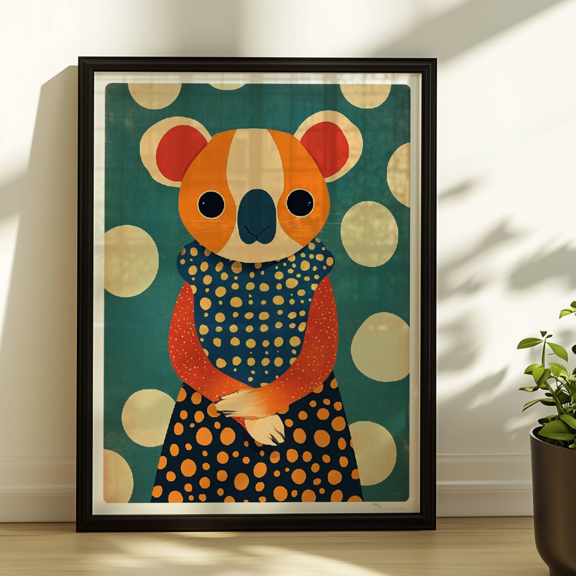 Eleganter Koala mit gepunktetem Kleid, verspieltes und modernes Tierportrait für Wanddekoration.. Rahmen schwarz 30x40