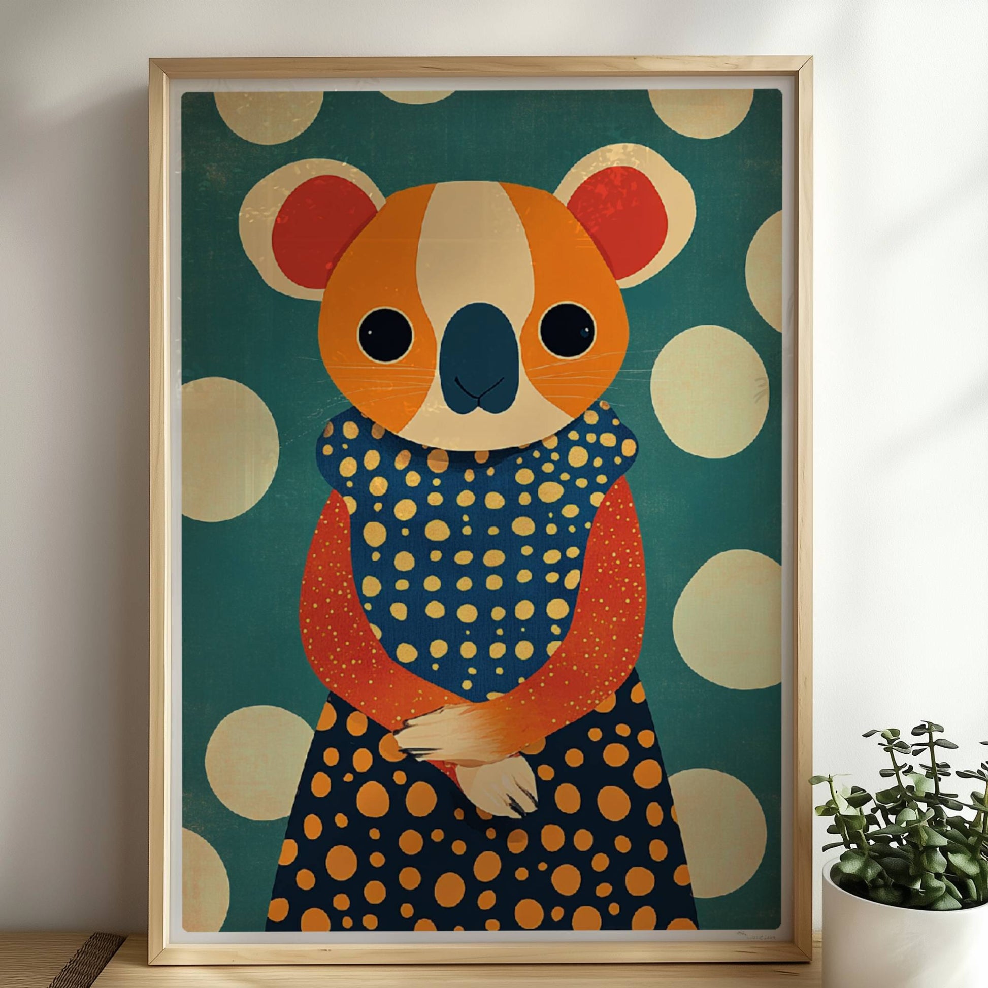 Eleganter Koala mit gepunktetem Kleid, verspieltes und modernes Tierportrait für Wanddekoration.. Rahmen natur 50x70