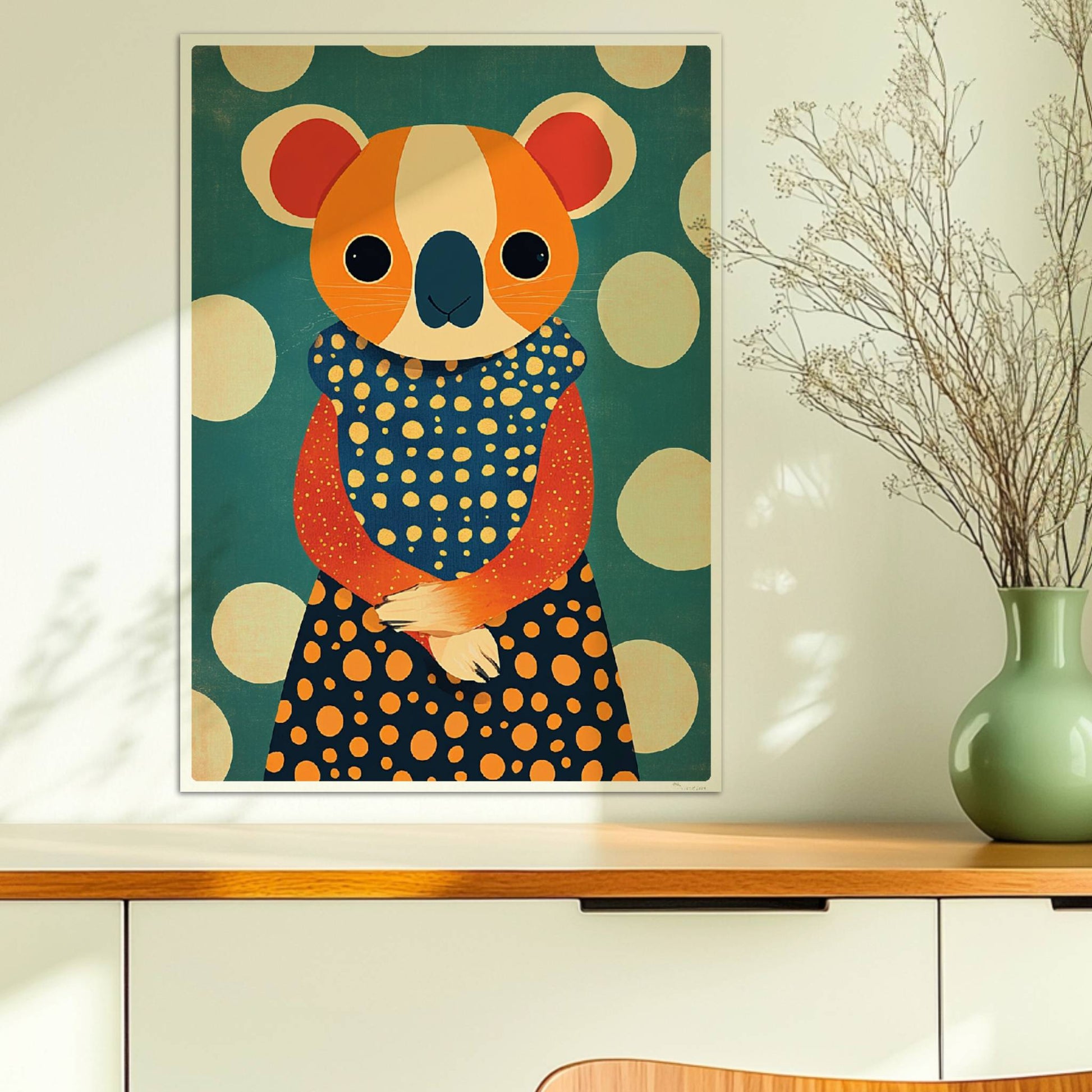 Eleganter Koala mit gepunktetem Kleid, verspieltes und modernes Tierportrait für Wanddekoration.. Ohne Rahmen 50x70