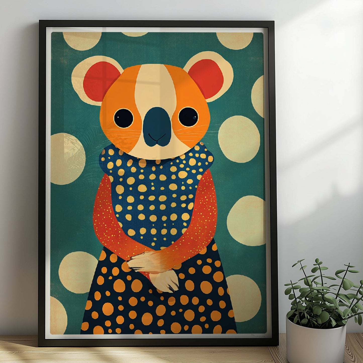 Eleganter Koala mit gepunktetem Kleid, verspieltes und modernes Tierportrait für Wanddekoration.. Rahmen schwarz 50x70