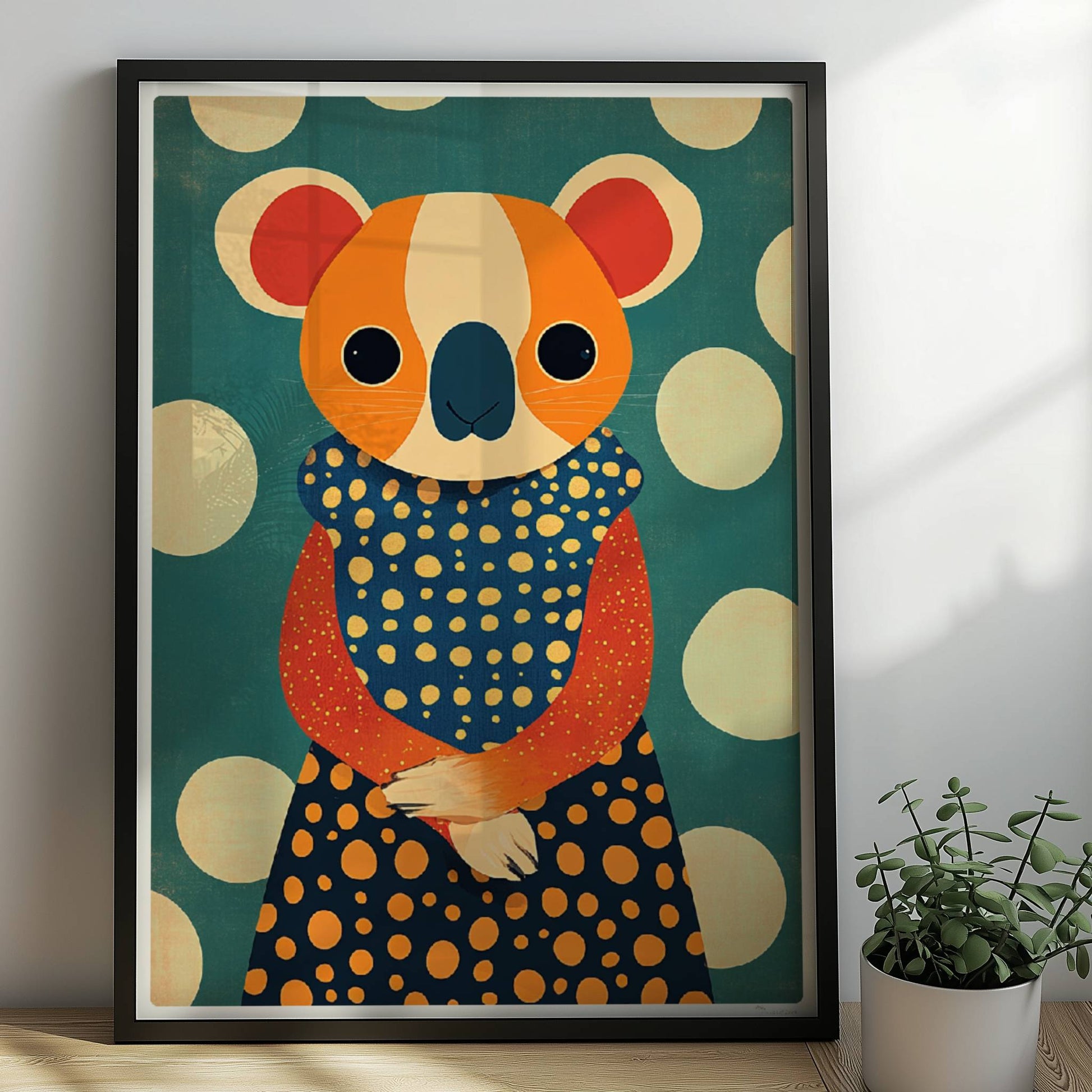 Eleganter Koala mit gepunktetem Kleid, verspieltes und modernes Tierportrait für Wanddekoration.. Rahmen schwarz 50x70
