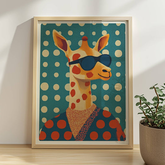 Coole Giraffe mit Sonnenbrille und gepunktetem Outfit, lustiges und modernes Tierportrait für Wanddeko.. Rahmen natur 30x40