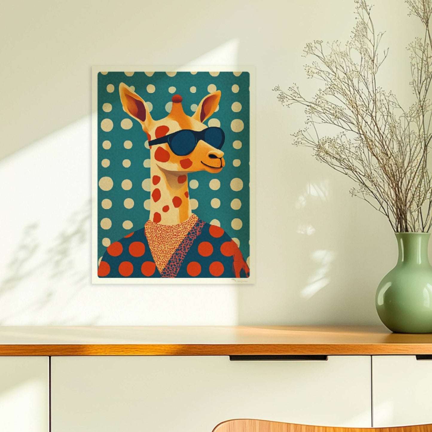 Coole Giraffe mit Sonnenbrille und gepunktetem Outfit, lustiges und modernes Tierportrait für Wanddeko.. Ohne Rahmen 30x40