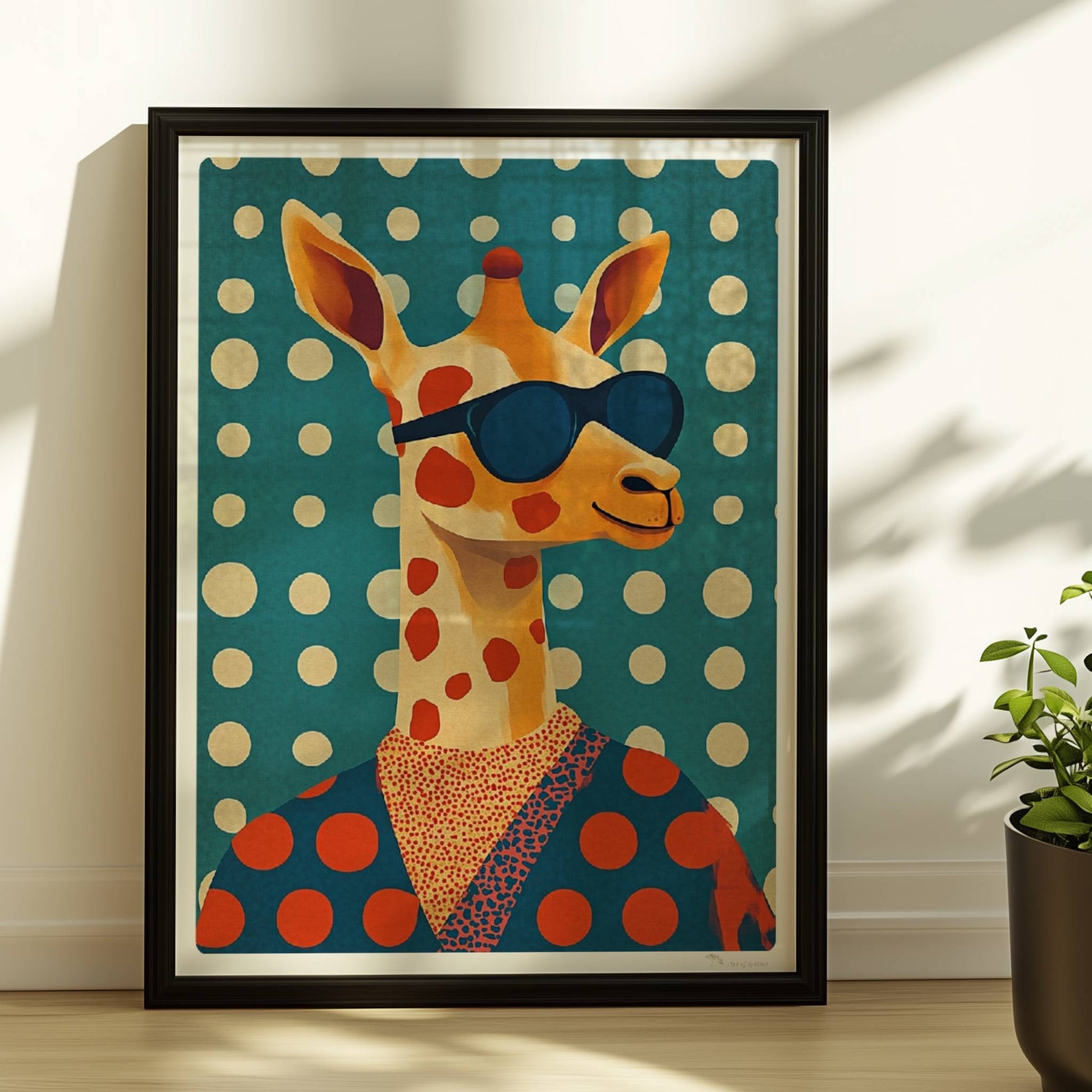 Coole Giraffe mit Sonnenbrille und gepunktetem Outfit, lustiges und modernes Tierportrait für Wanddeko.. Rahmen schwarz 30x40