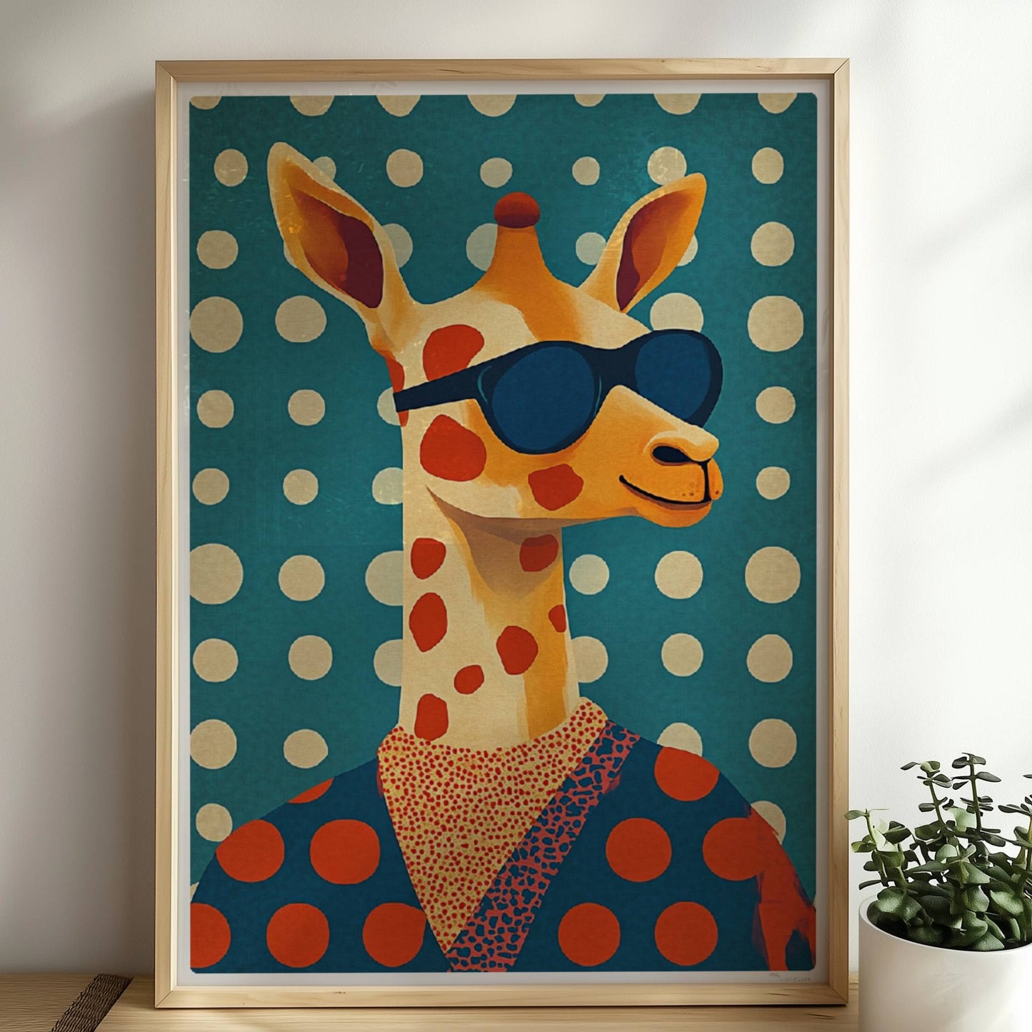 Coole Giraffe mit Sonnenbrille und gepunktetem Outfit, lustiges und modernes Tierportrait für Wanddeko.. Rahmen natur 50x70