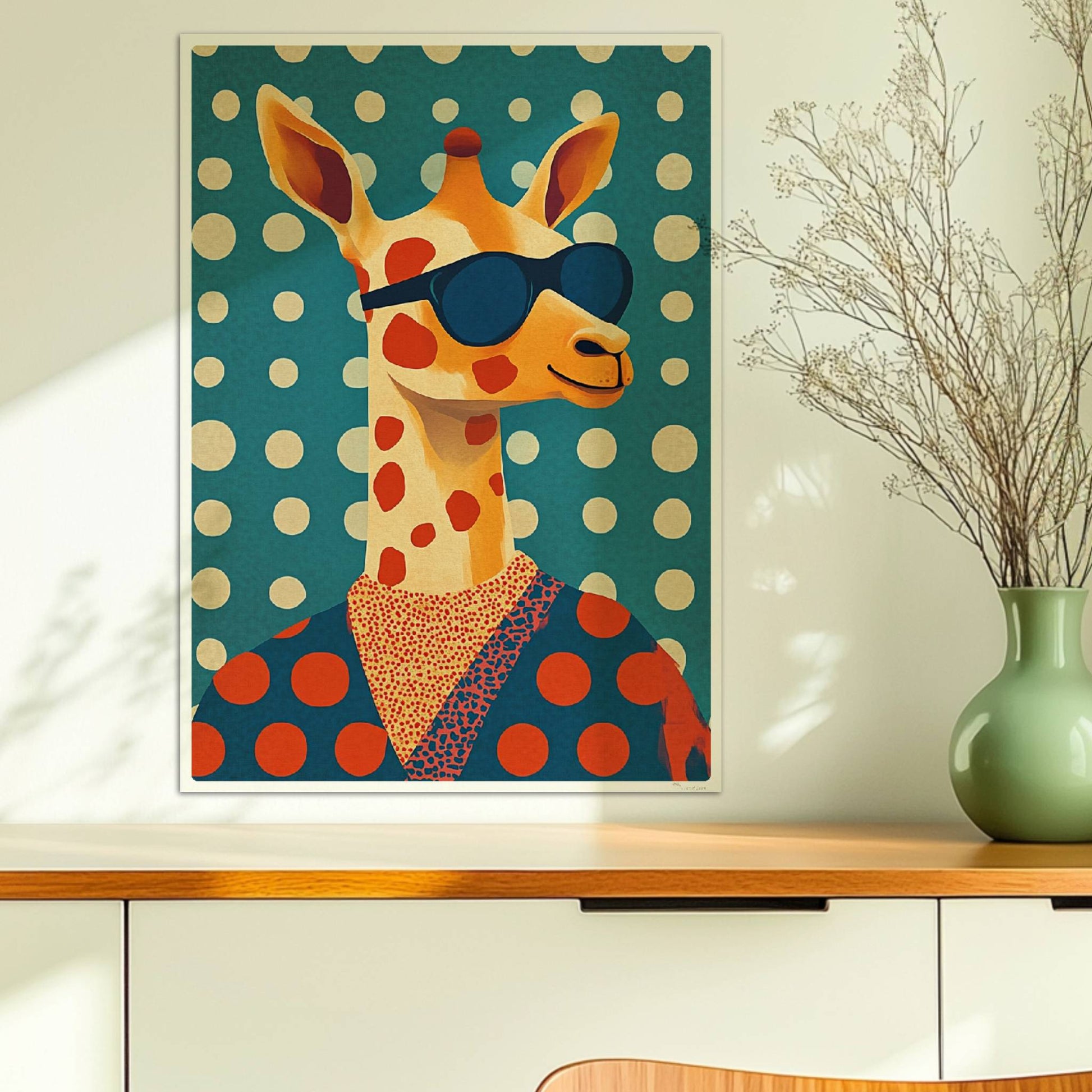 Coole Giraffe mit Sonnenbrille und gepunktetem Outfit, lustiges und modernes Tierportrait für Wanddeko.. Ohne Rahmen 50x70