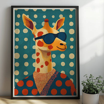 Coole Giraffe mit Sonnenbrille und gepunktetem Outfit, lustiges und modernes Tierportrait für Wanddeko.. Rahmen schwarz 50x70