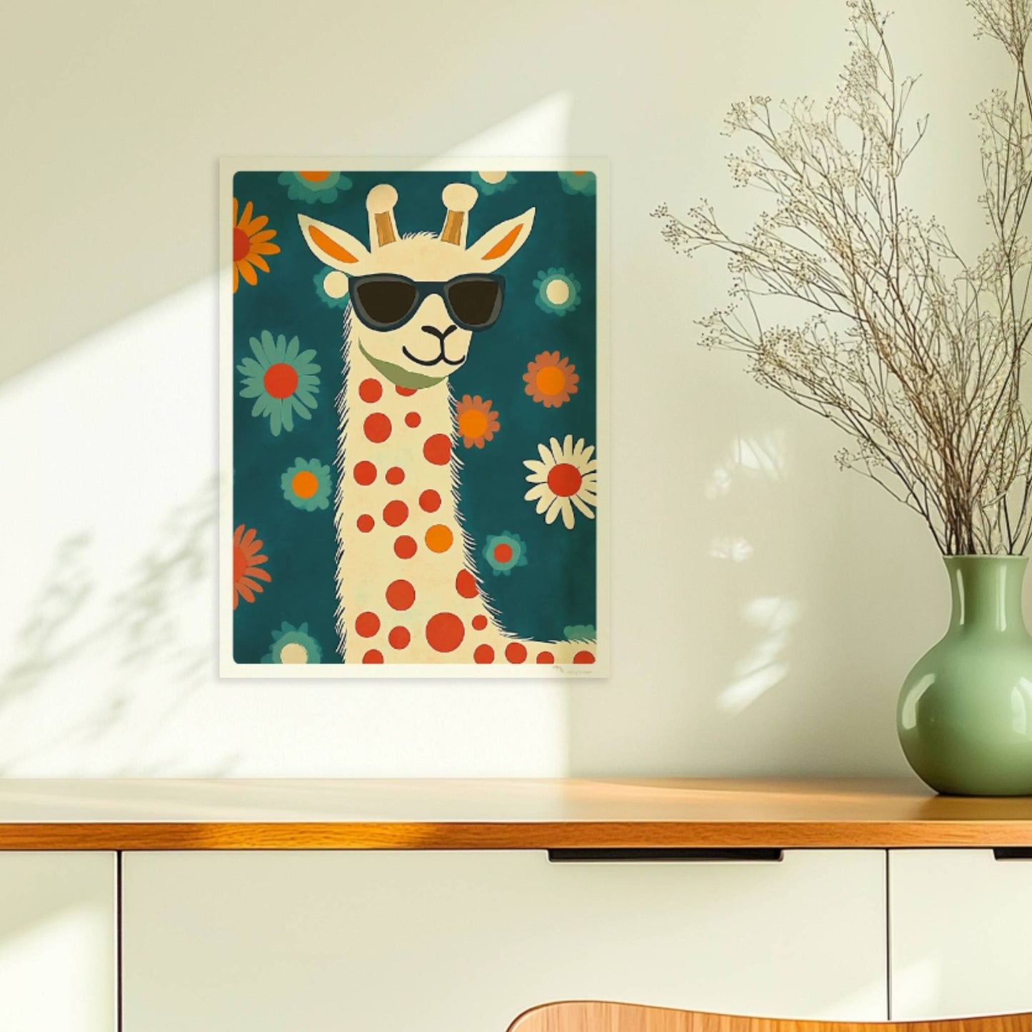 Lustige LAMA mit Sonnenbrille und roten Punkten vor Blumenhintergrund – ideales Tierposter für moderne Kinderzimmer.. Ohne Rahmen 30x40