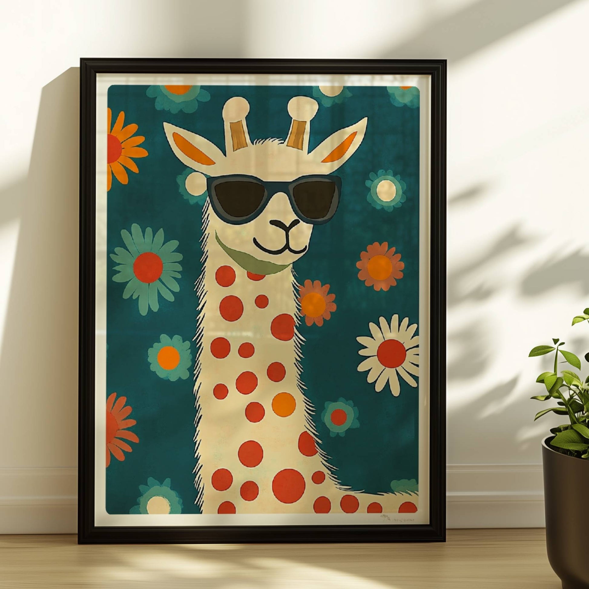 Lustige LAMA mit Sonnenbrille und roten Punkten vor Blumenhintergrund – ideales Tierposter für moderne Kinderzimmer.. Rahmen schwarz 30x40