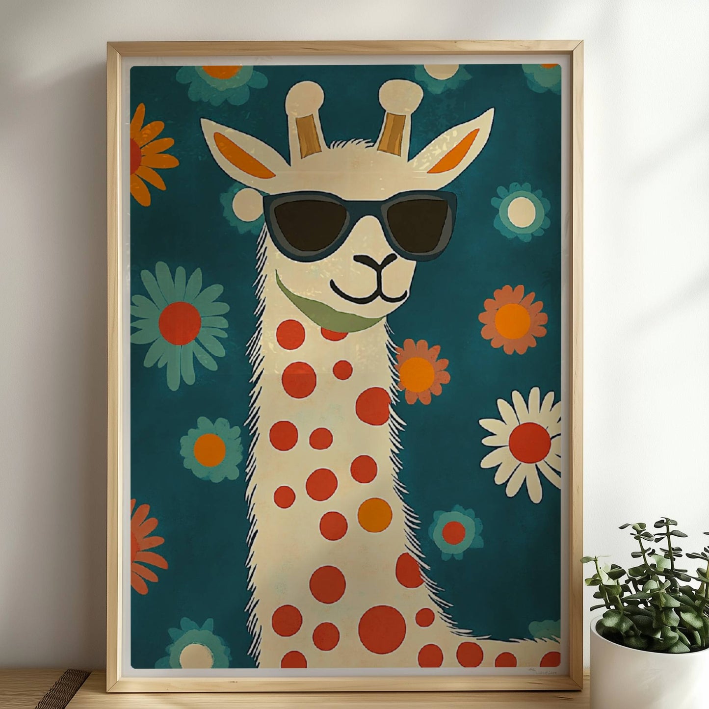 Lustige LAMA mit Sonnenbrille und roten Punkten vor Blumenhintergrund – ideales Tierposter für moderne Kinderzimmer.. Rahmen natur 50x70