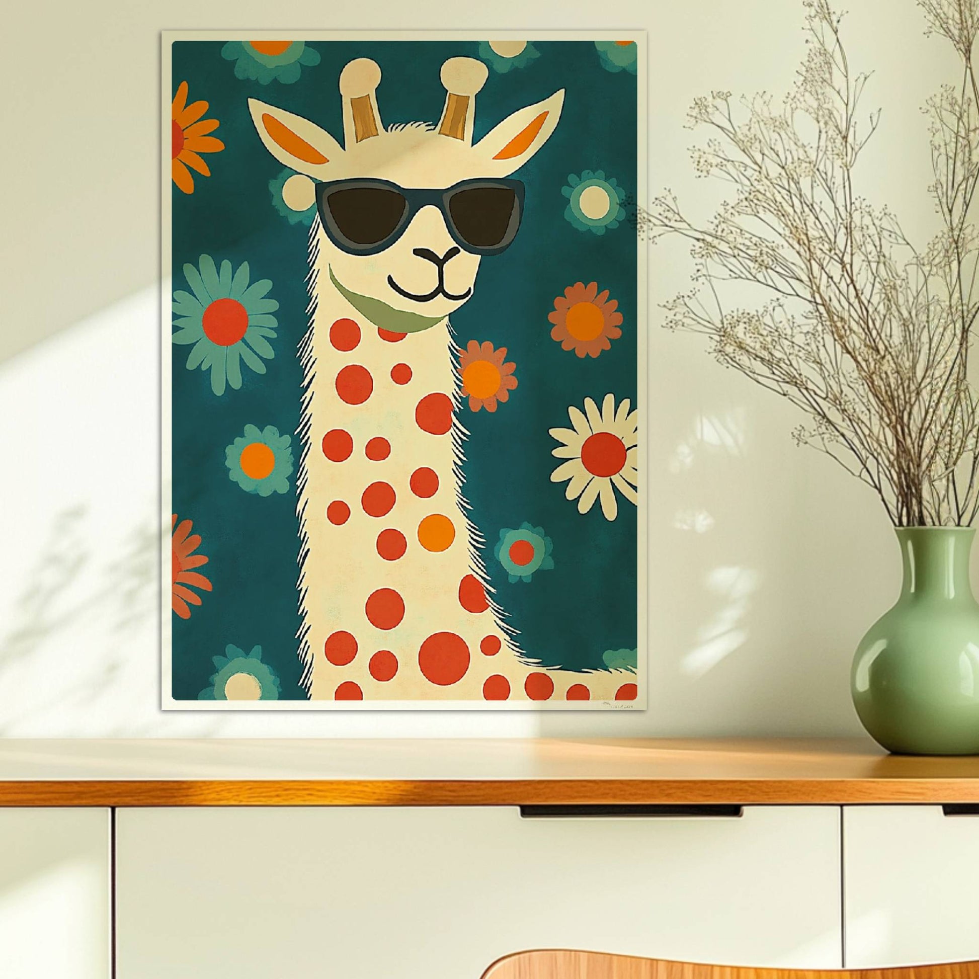 Lustige LAMA mit Sonnenbrille und roten Punkten vor Blumenhintergrund – ideales Tierposter für moderne Kinderzimmer.. Ohne Rahmen 50x70
