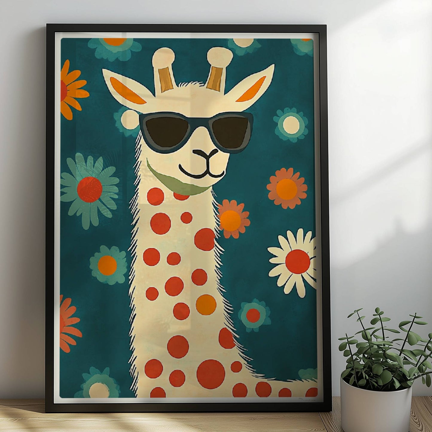 Lustige LAMA mit Sonnenbrille und roten Punkten vor Blumenhintergrund – ideales Tierposter für moderne Kinderzimmer.. Rahmen schwarz 50x70