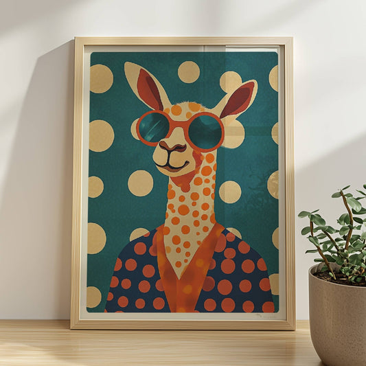 Cooles LAMA mit großer Sonnenbrille, orangefarbenen Punkten und blauem Hintergrund – verspieltes Tierposter für moderne Räume.. Rahmen natur 30x40
