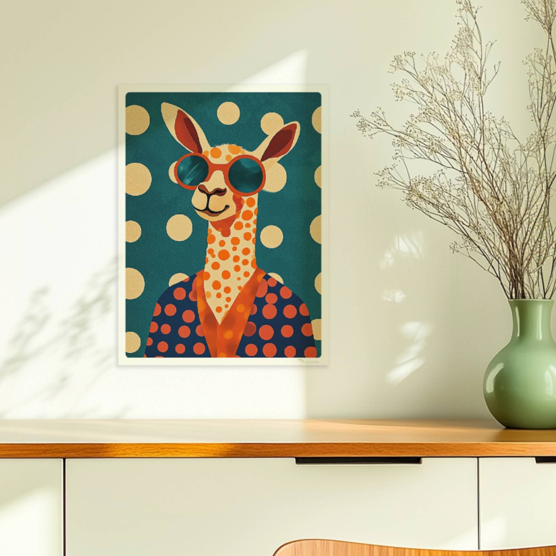 Cooles LAMA mit großer Sonnenbrille, orangefarbenen Punkten und blauem Hintergrund – verspieltes Tierposter für moderne Räume.. Ohne Rahmen 30x40