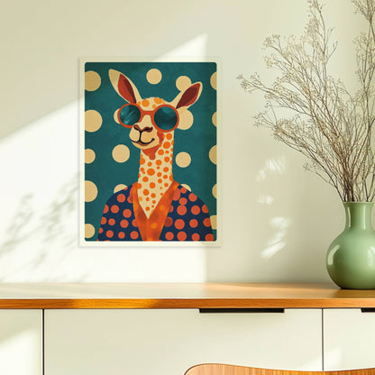 Cooles LAMA mit großer Sonnenbrille, orangefarbenen Punkten und blauem Hintergrund – verspieltes Tierposter für moderne Räume.. Ohne Rahmen 30x40