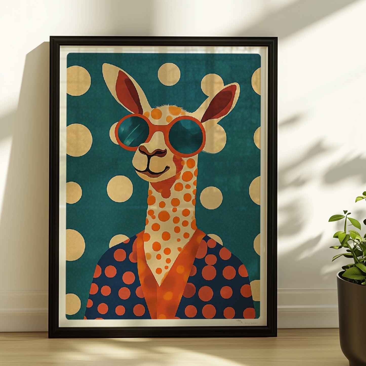 Cooles LAMA mit großer Sonnenbrille, orangefarbenen Punkten und blauem Hintergrund – verspieltes Tierposter für moderne Räume.. Rahmen schwarz 30x40
