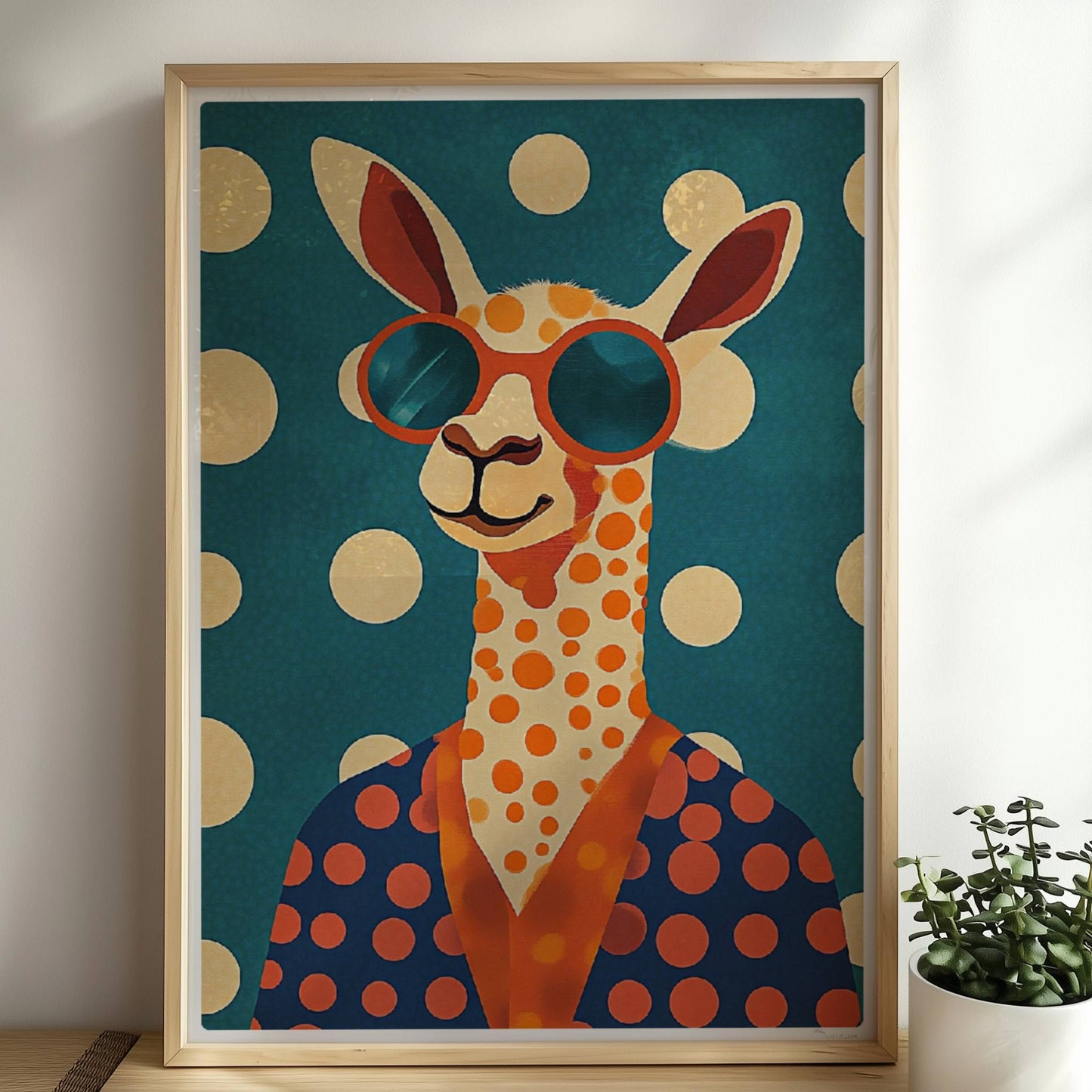 Cooles LAMA mit großer Sonnenbrille, orangefarbenen Punkten und blauem Hintergrund – verspieltes Tierposter für moderne Räume.. Rahmen natur 50x70