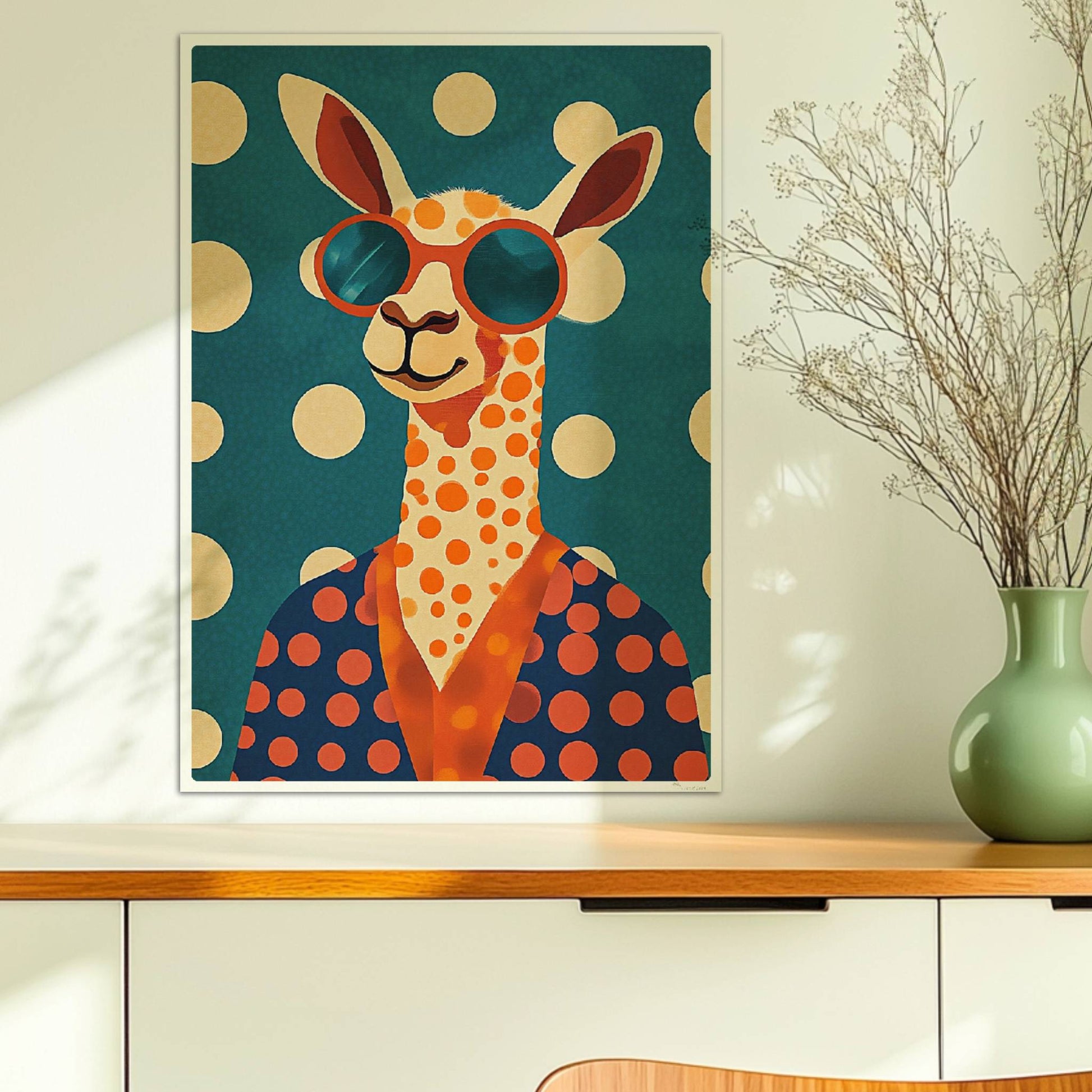 Cooles LAMA mit großer Sonnenbrille, orangefarbenen Punkten und blauem Hintergrund – verspieltes Tierposter für moderne Räume.. Ohne Rahmen 50x70