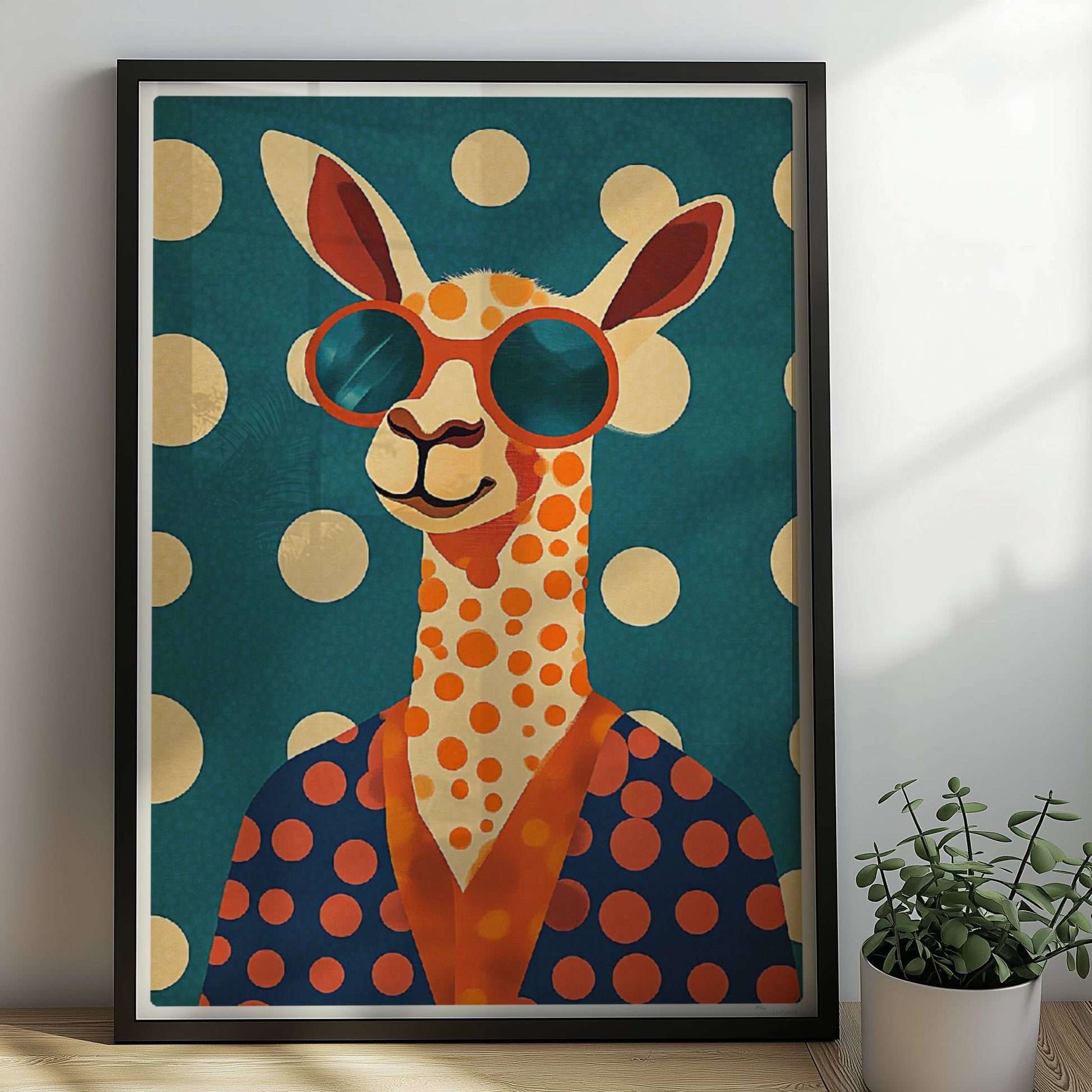 Cooles LAMA mit großer Sonnenbrille, orangefarbenen Punkten und blauem Hintergrund – verspieltes Tierposter für moderne Räume.. Rahmen schwarz 50x70