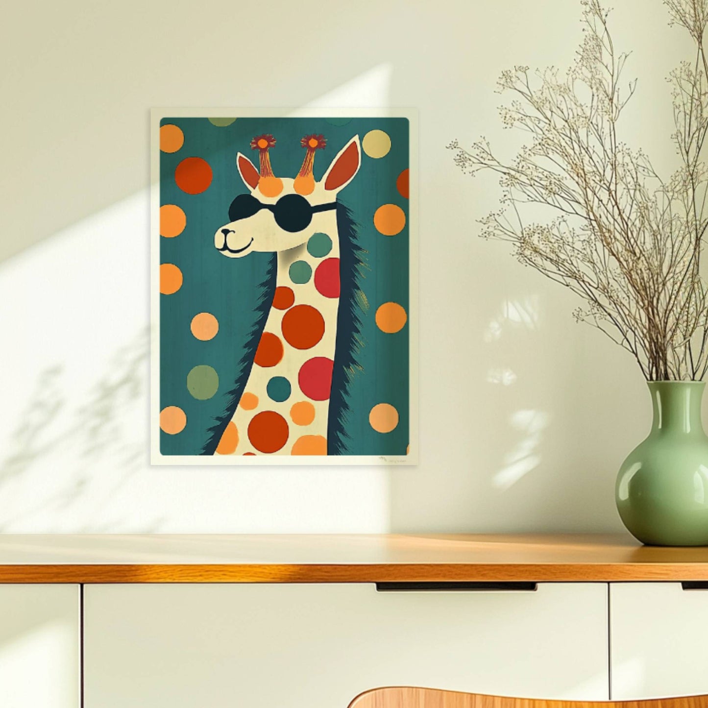 Lustiges LAMA mit schwarzer Sonnenbrille und bunten Punkten auf türkisfarbenem Hintergrund – modernes Tierposter.. Ohne Rahmen 30x40