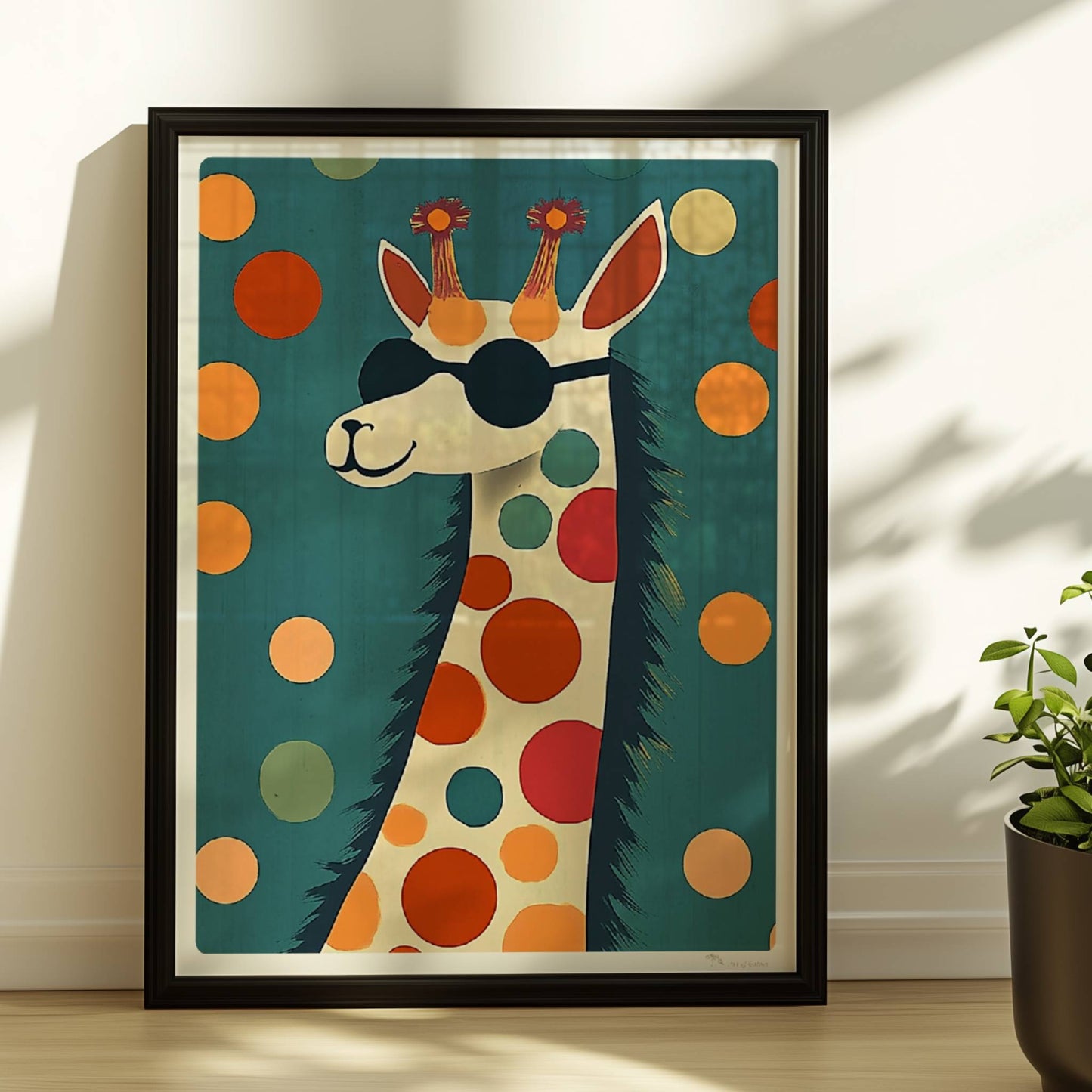 Lustiges LAMA mit schwarzer Sonnenbrille und bunten Punkten auf türkisfarbenem Hintergrund – modernes Tierposter.. Rahmen schwarz 30x40