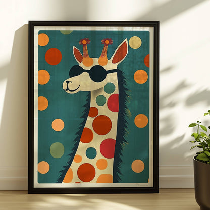 Lustiges LAMA mit schwarzer Sonnenbrille und bunten Punkten auf türkisfarbenem Hintergrund – modernes Tierposter.. Rahmen schwarz 30x40